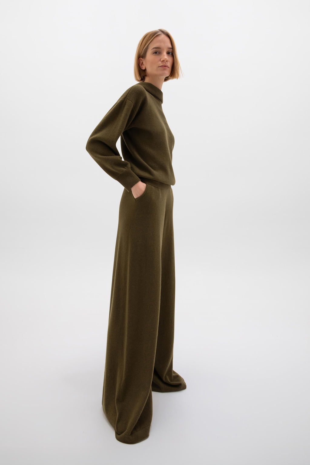 Johnstons of Elgin - Reversible Collar Olive Green Cashmere Jumper