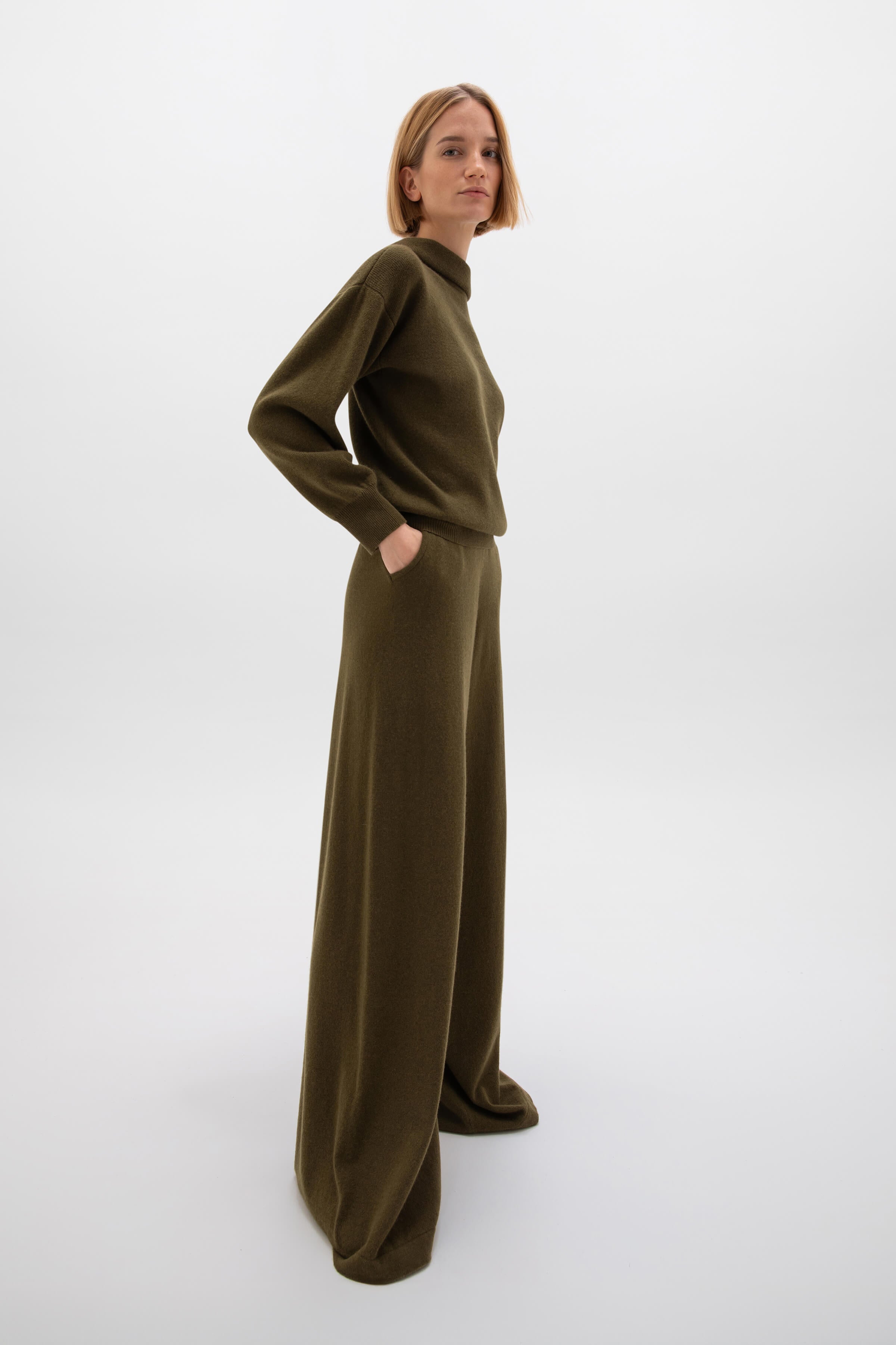Johnstons of Elgin - Reversible Collar Olive Green Cashmere Jumper