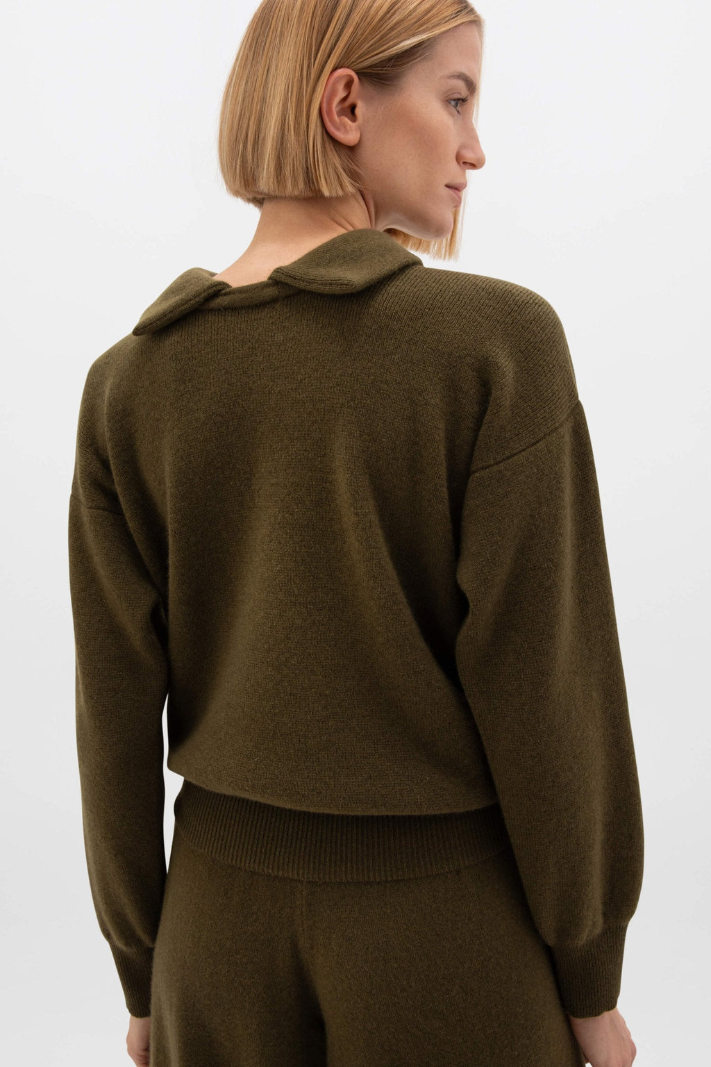 Johnstons of Elgin - Reversible Collar Olive Green Cashmere Jumper