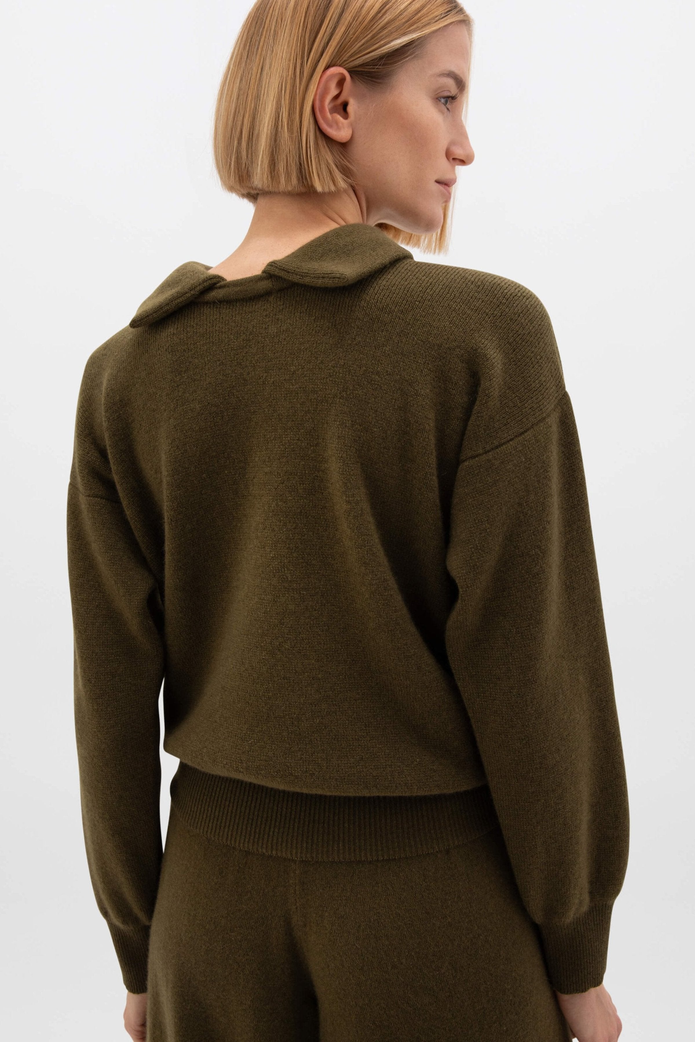 Johnstons of Elgin - Reversible Collar Olive Green Cashmere Jumper
