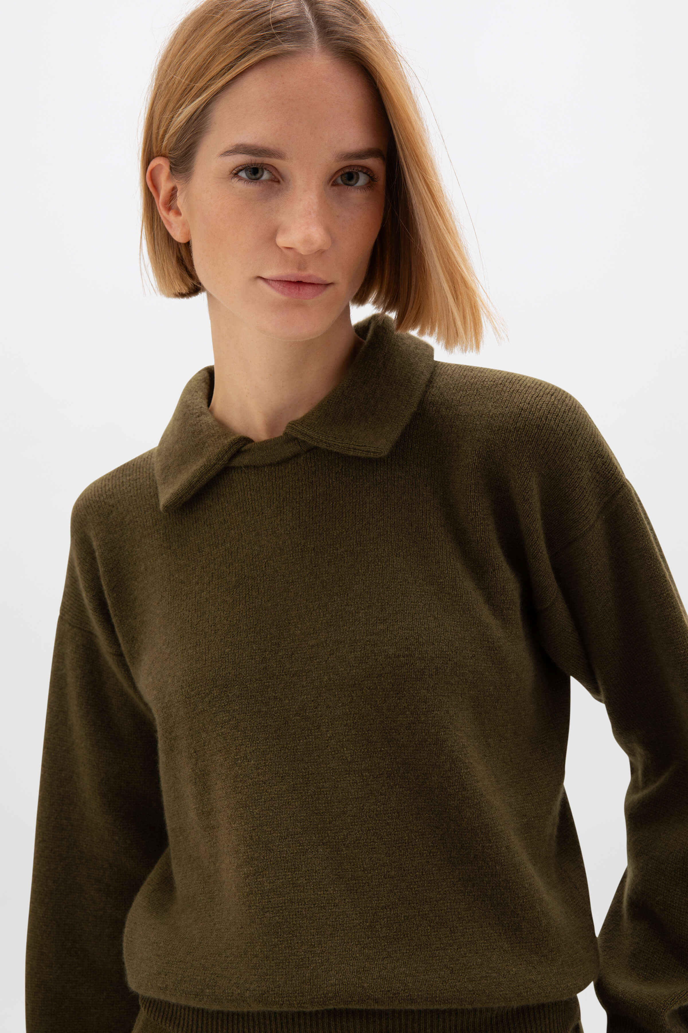 Johnstons of Elgin - Reversible Collar Olive Green Cashmere Jumper