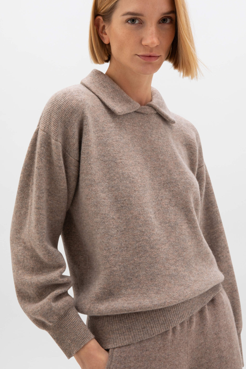 Johnstons of Elgin - Reversible Collar Light Brown Cashmere Jumper