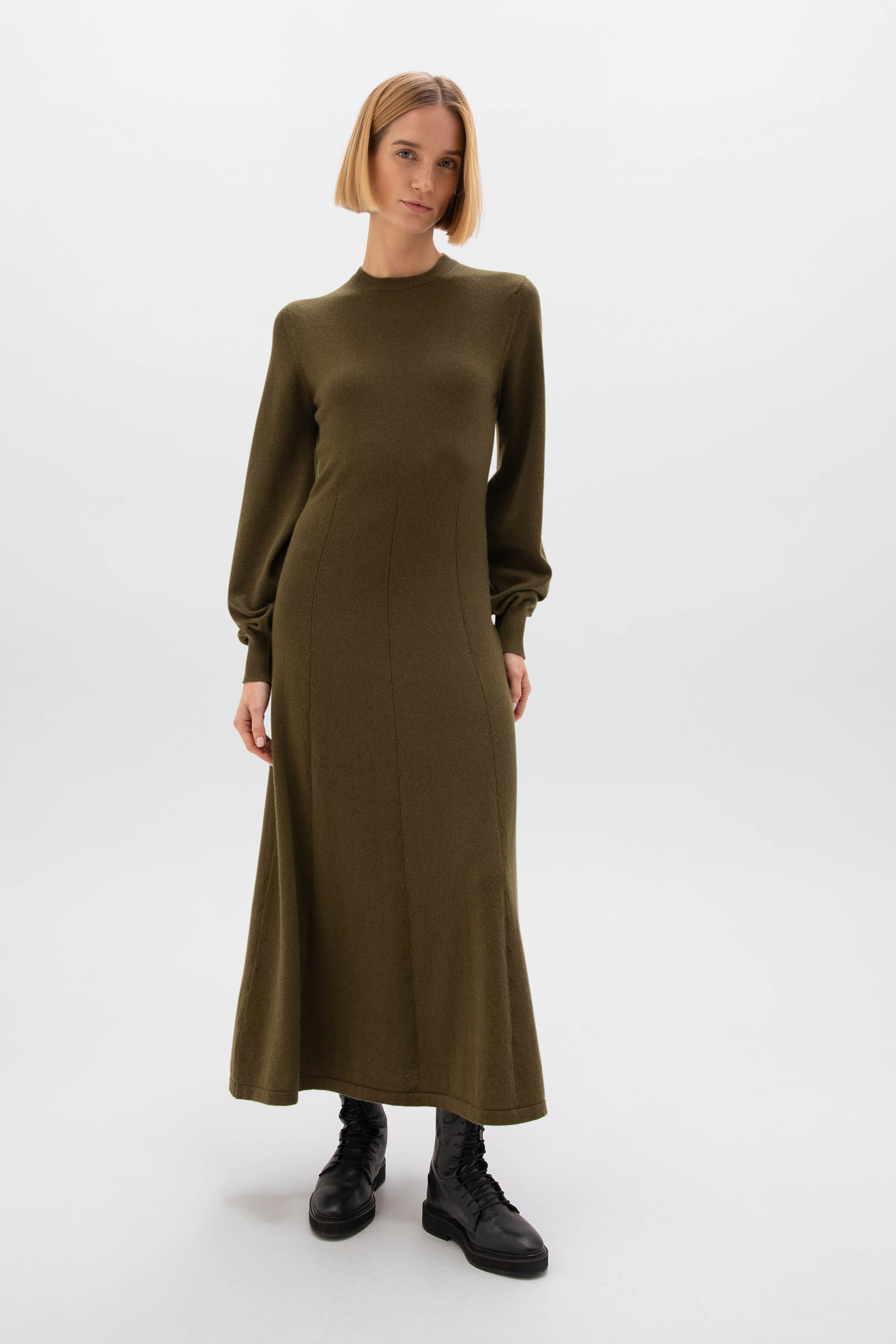 Johnstons of Elgin - Fit & Flare Olive Green Cashmere Dress