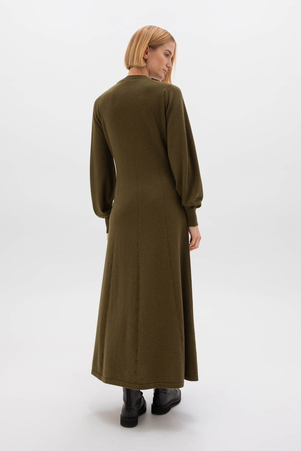 Johnstons of Elgin - Fit & Flare Olive Green Cashmere Dress