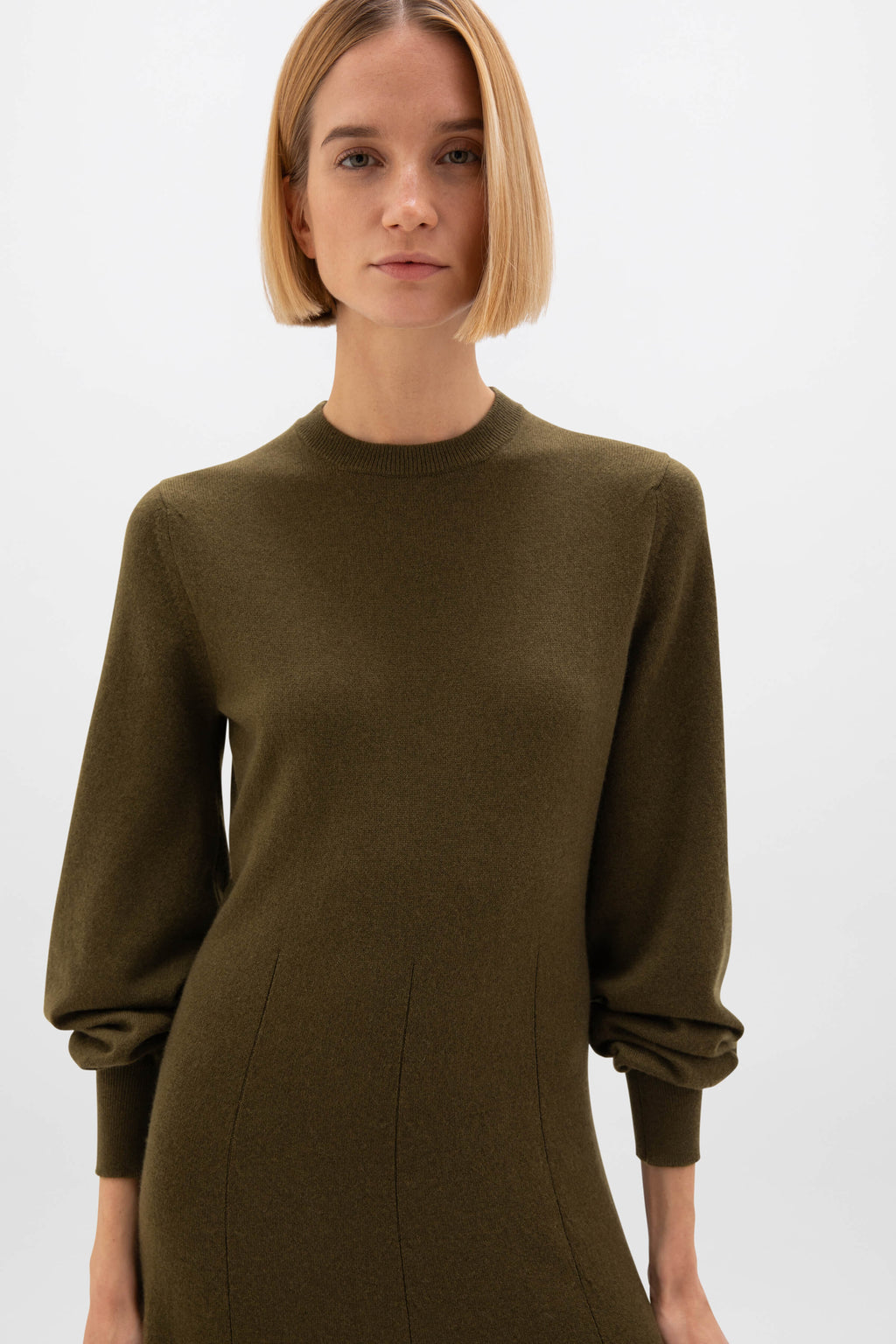 Johnstons of Elgin - Fit & Flare Olive Green Cashmere Dress