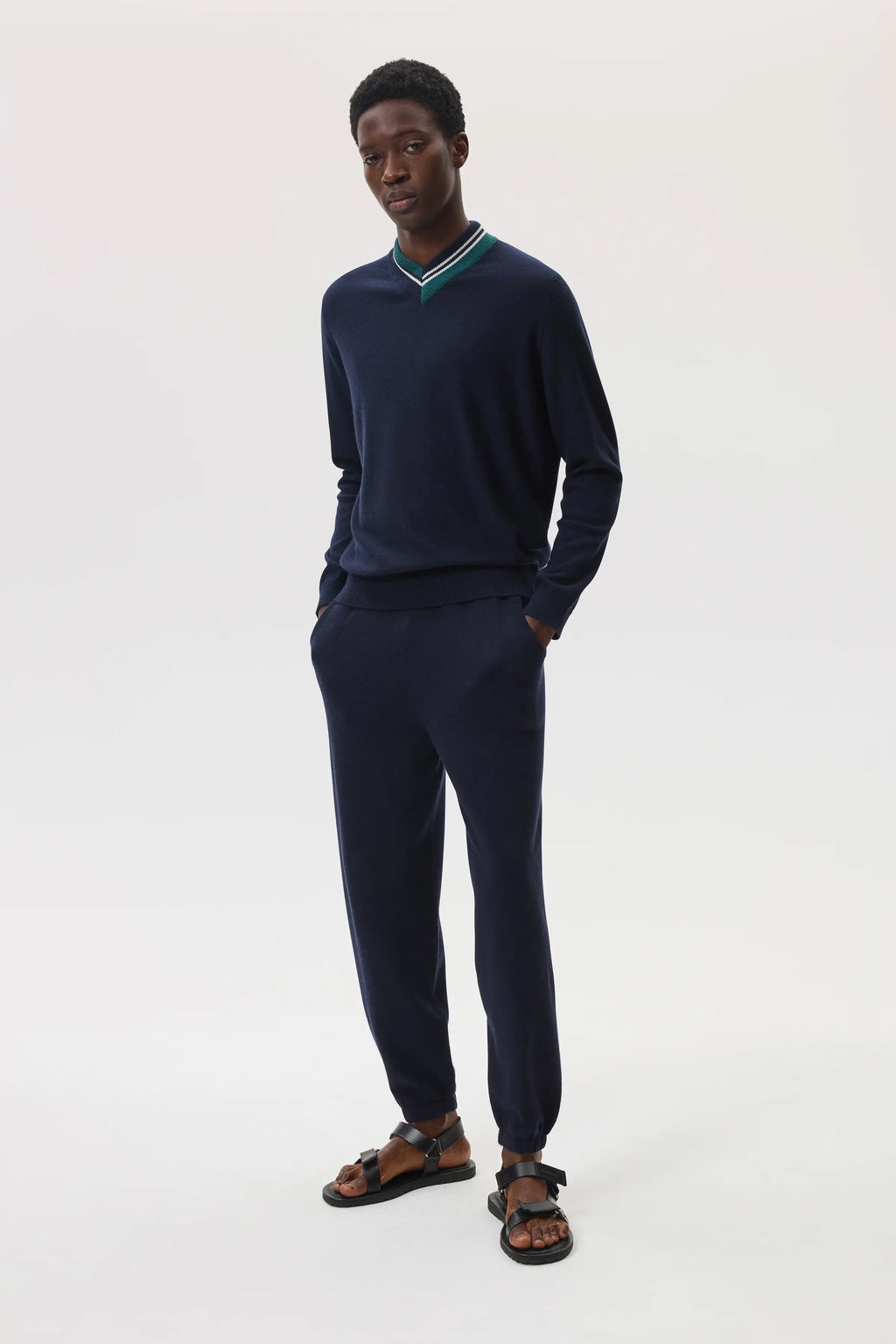 Johnstons of Elgin - Cashmere Dark Navy V Neck Jumper with Striped Trim