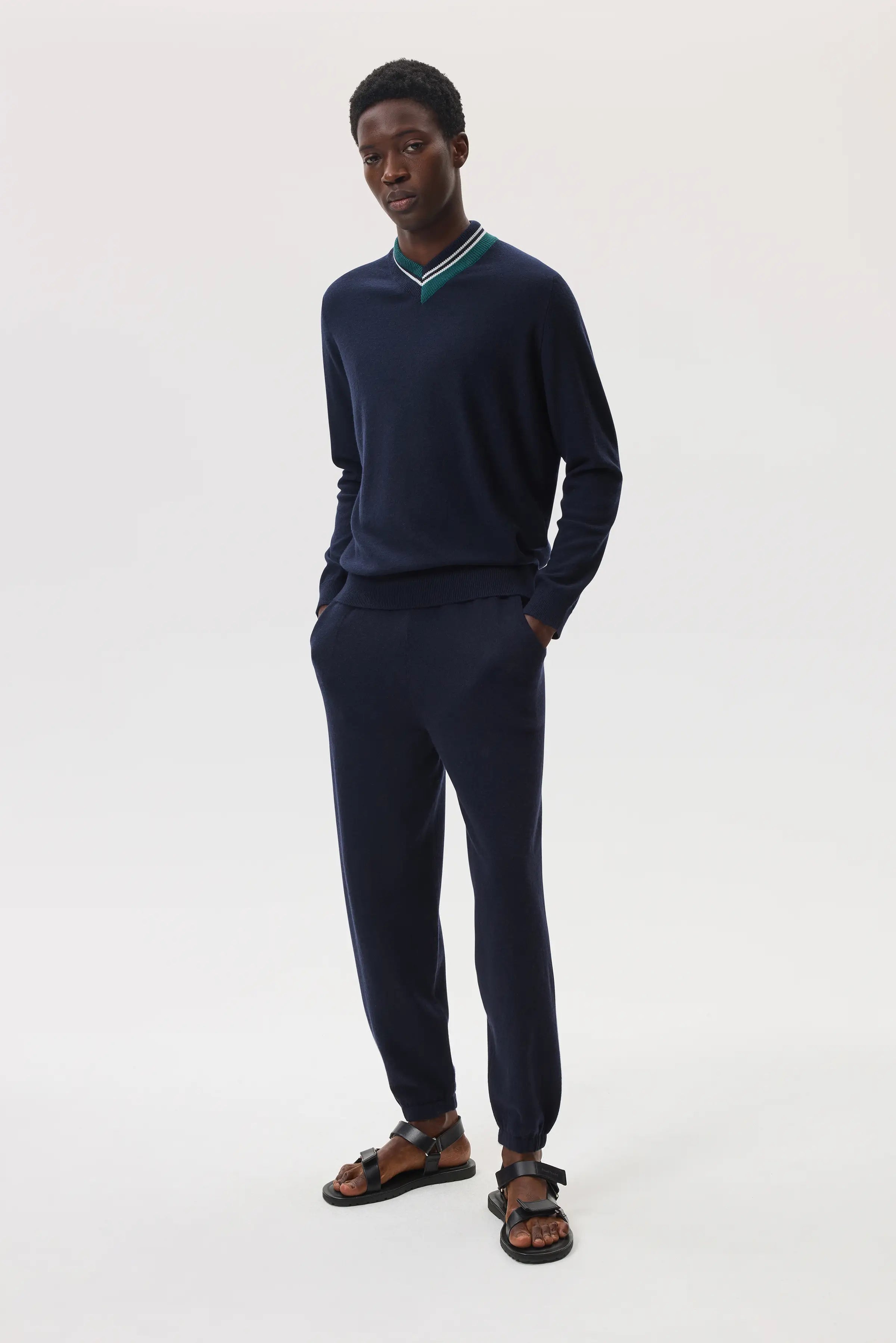 Johnstons of Elgin - Cashmere Dark Navy V Neck Jumper with Striped Trim
