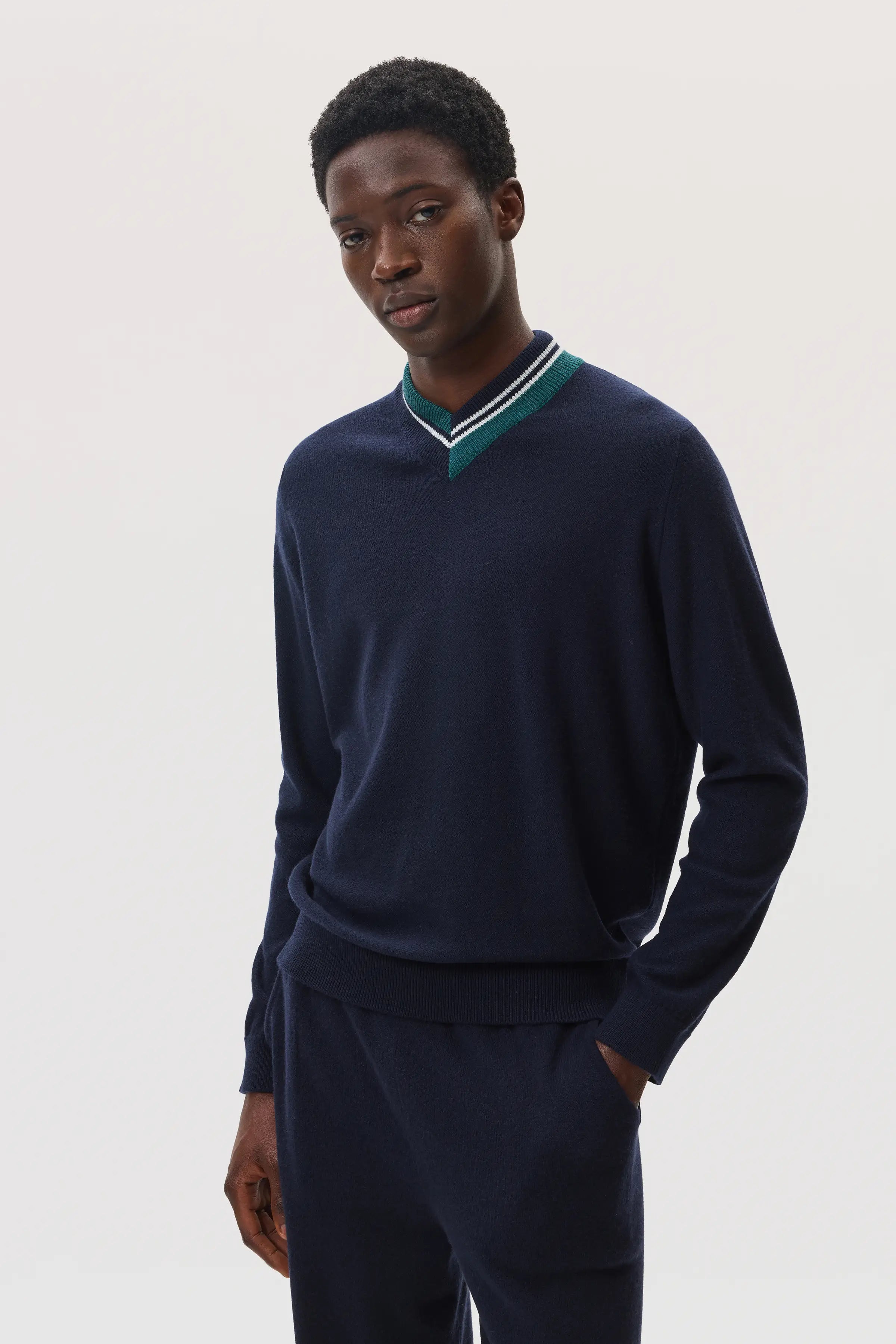 Johnstons of Elgin - Cashmere Dark Navy V Neck Jumper with Striped Trim