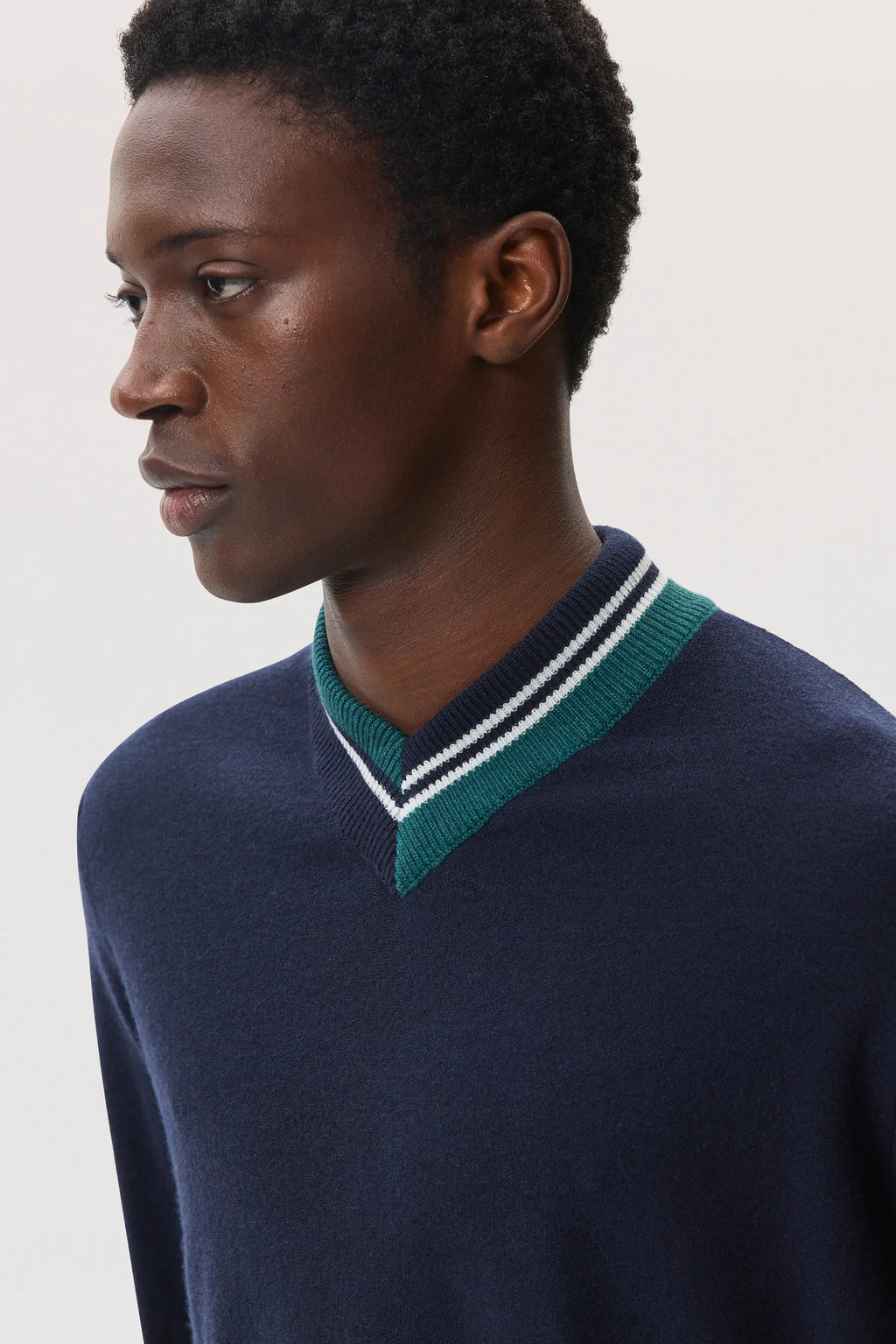 Johnstons of Elgin - Cashmere Dark Navy V Neck Jumper with Striped Trim