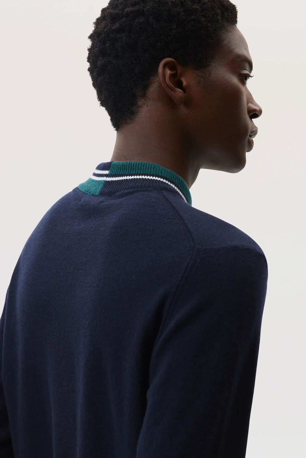 Johnstons of Elgin - Cashmere Dark Navy V Neck Jumper with Striped Trim