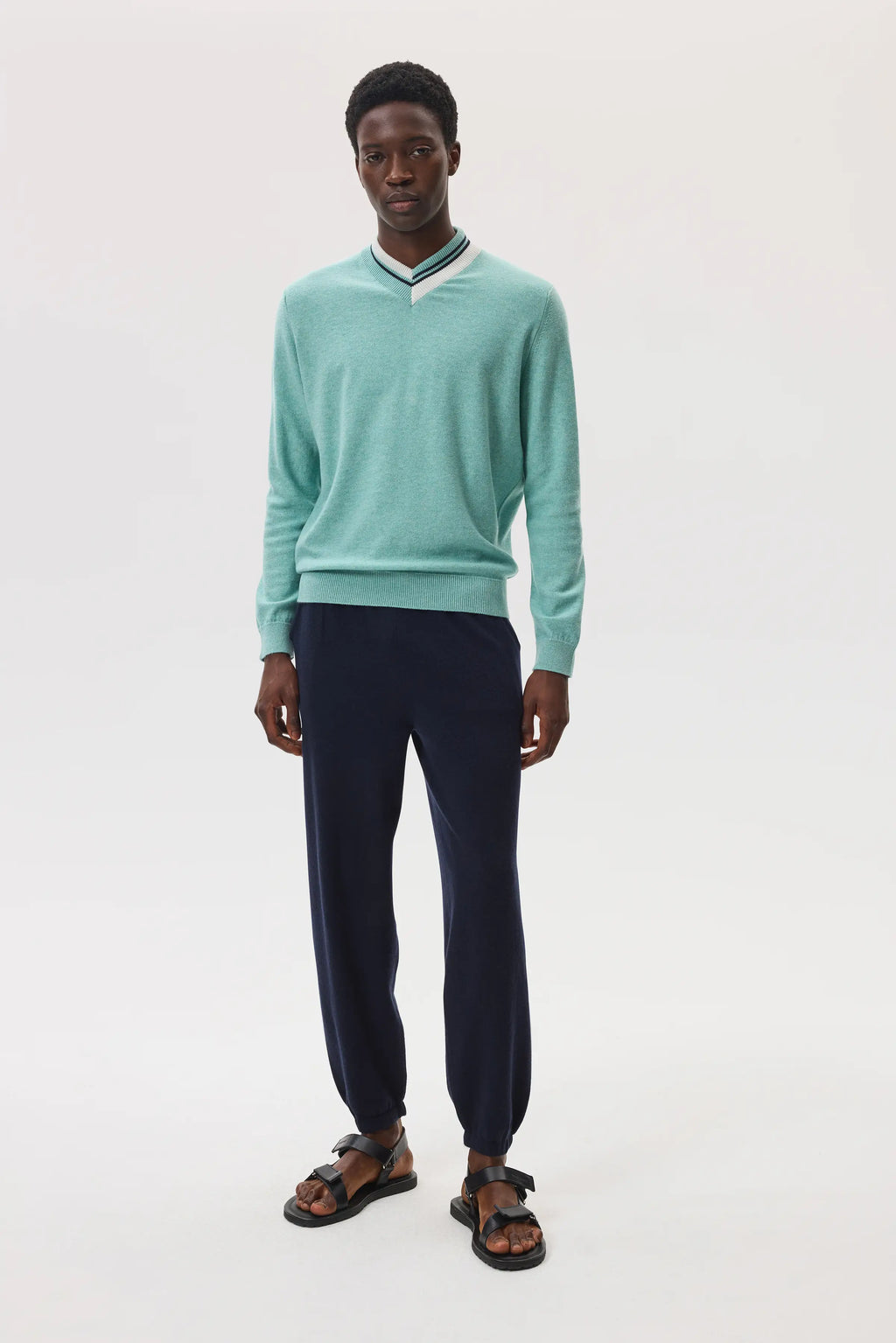 Johnstons of Elgin - Cashmere V Neck Green Jumper with Striped Trim