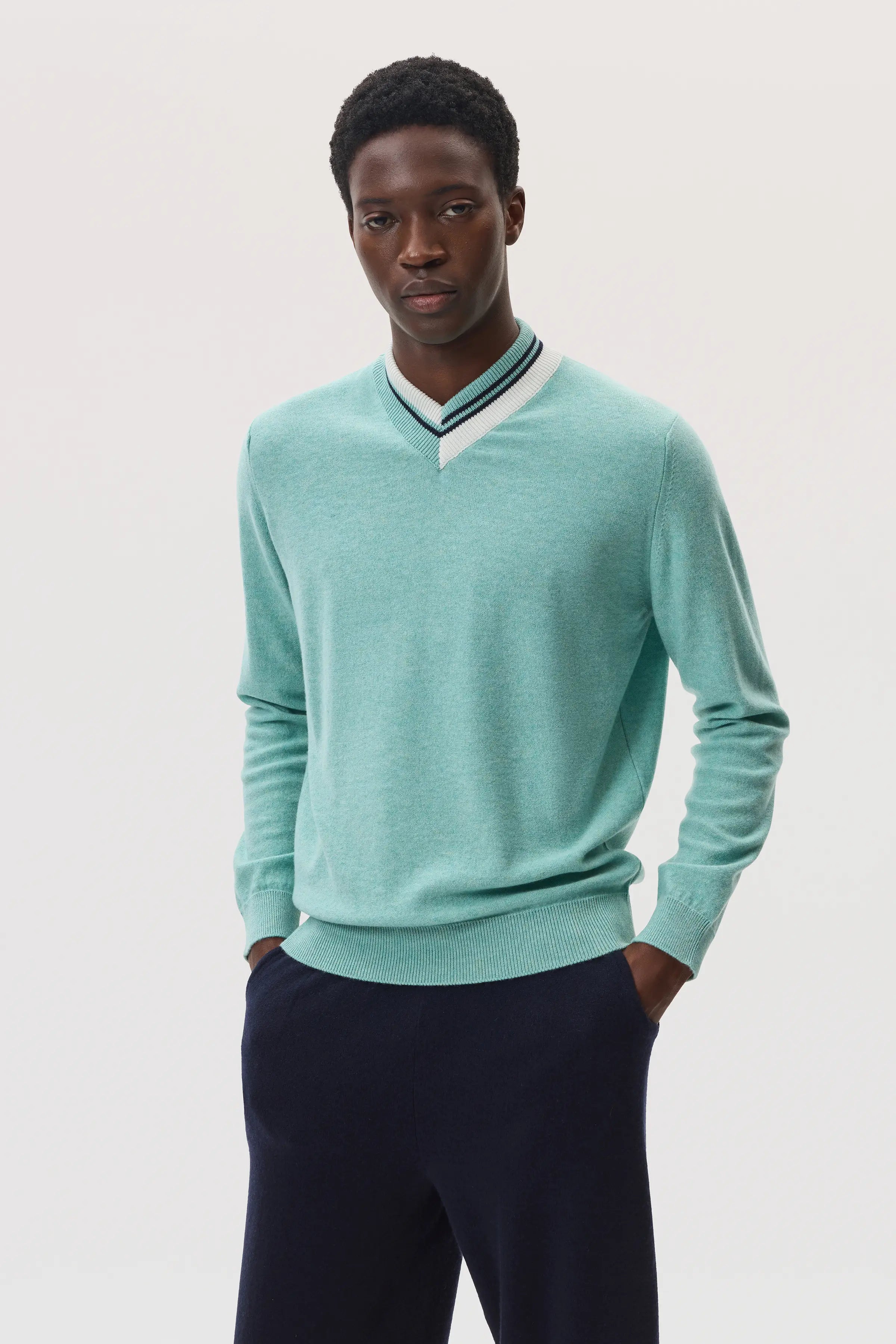 Johnstons of Elgin - Cashmere V Neck Green Jumper with Striped Trim