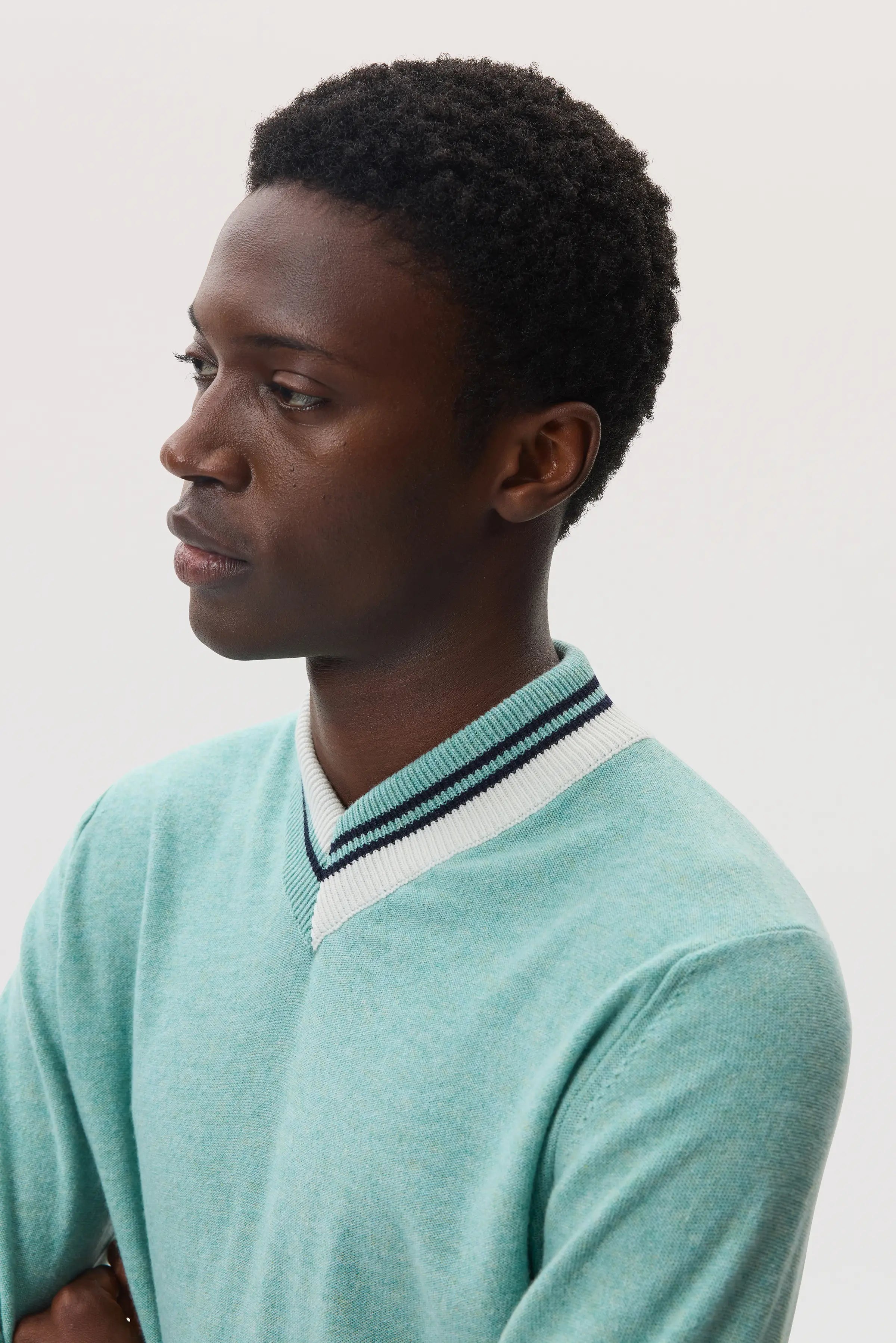 Johnstons of Elgin - Cashmere V Neck Green Jumper with Striped Trim