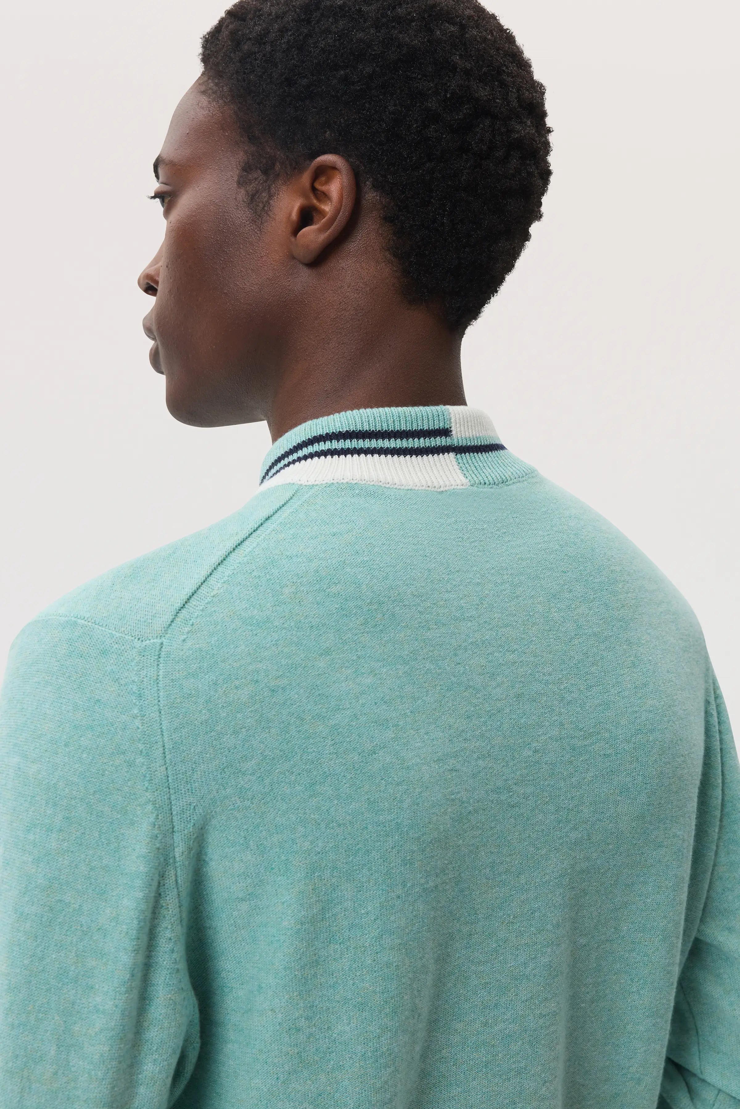 Johnstons of Elgin - Cashmere V Neck Green Jumper with Striped Trim