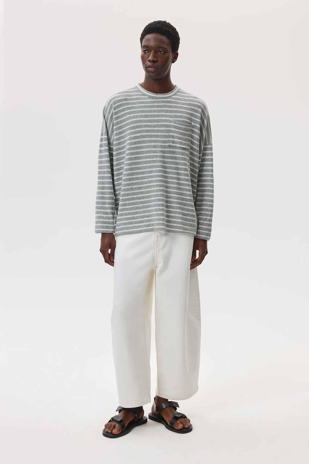 Johnstons of Elgin - Cashmere Jersey Stripe Light Grey Oversized T - Shirt