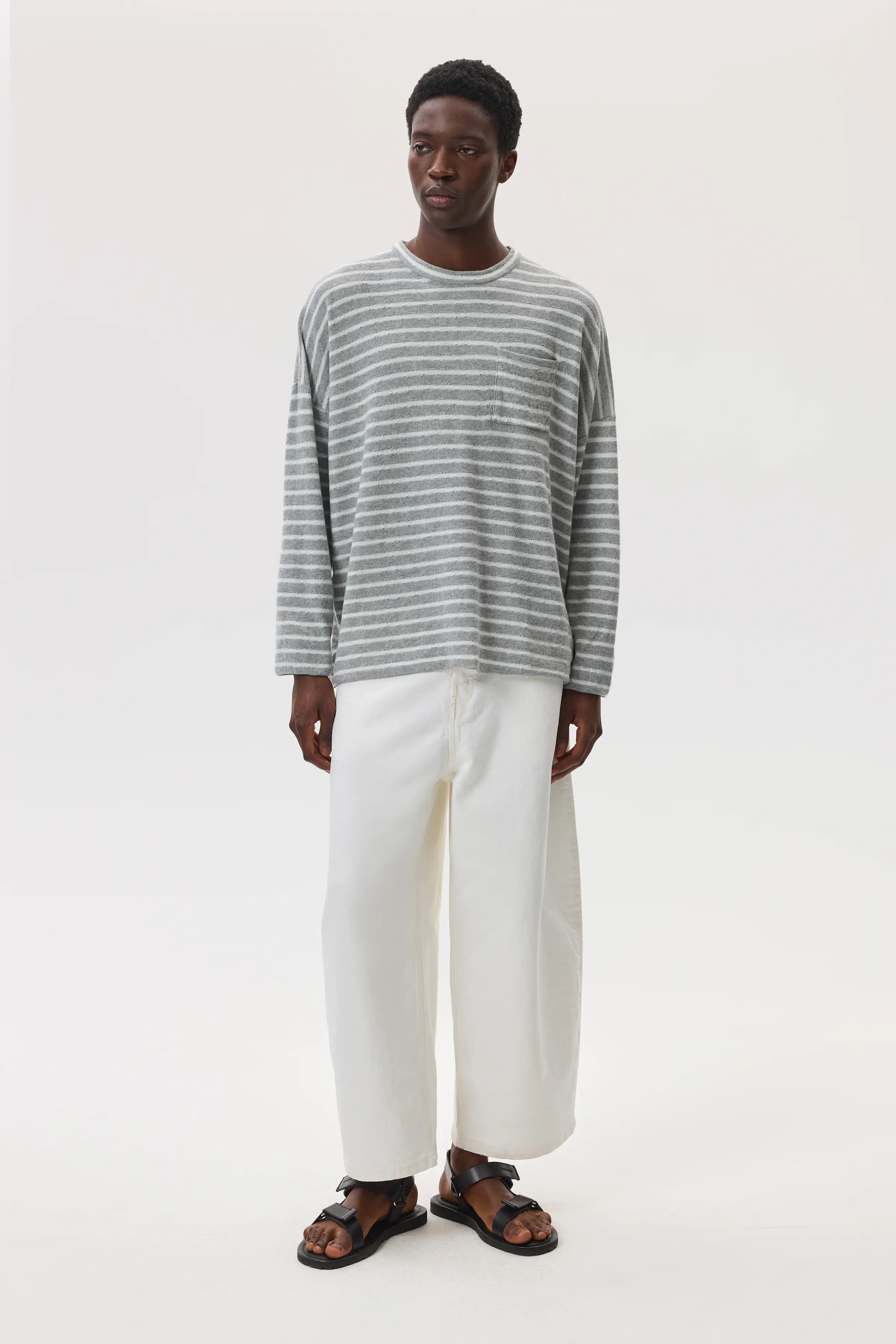 Johnstons of Elgin - Cashmere Jersey Stripe Light Grey Oversized T - Shirt