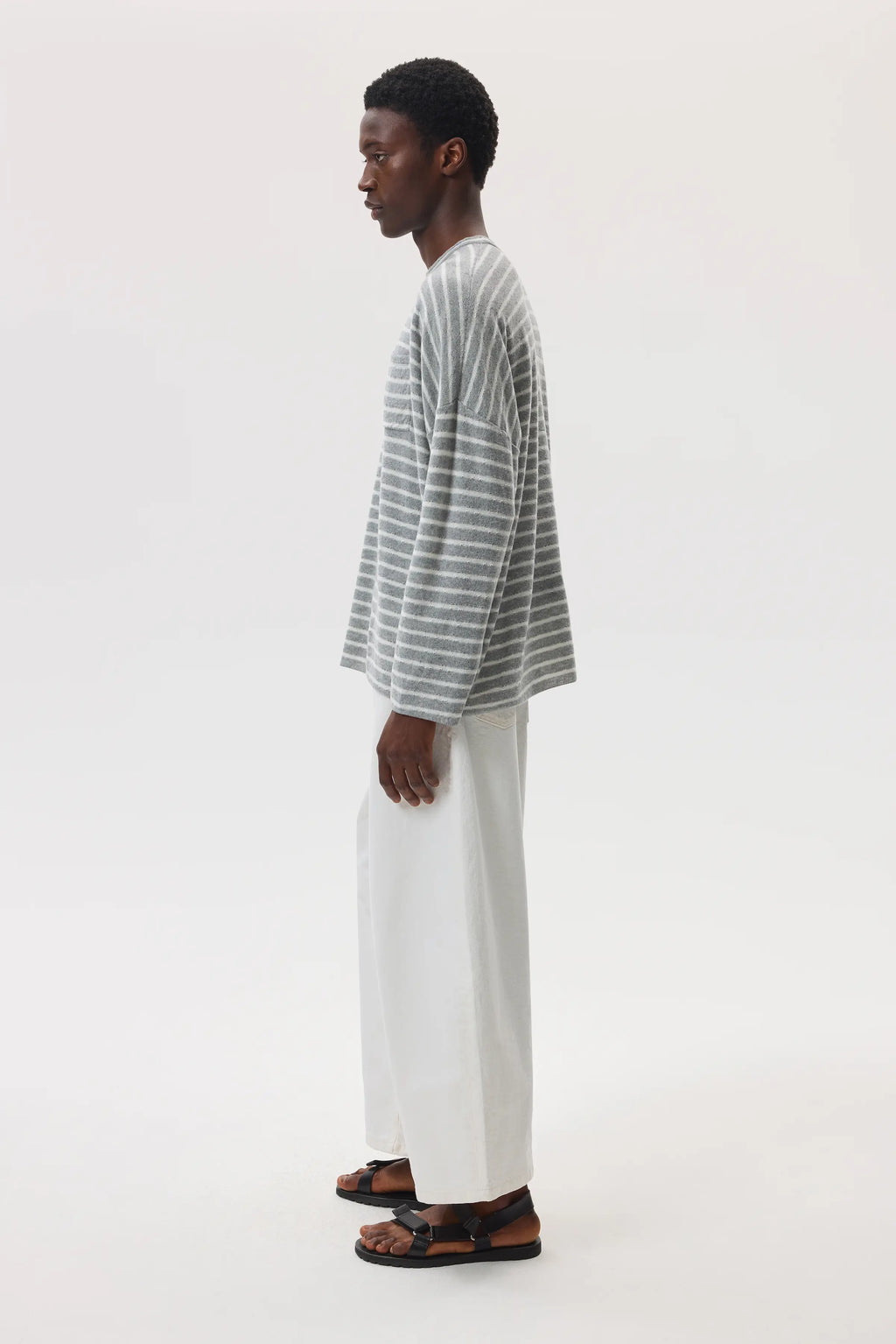 Johnstons of Elgin - Cashmere Jersey Stripe Light Grey Oversized T - Shirt