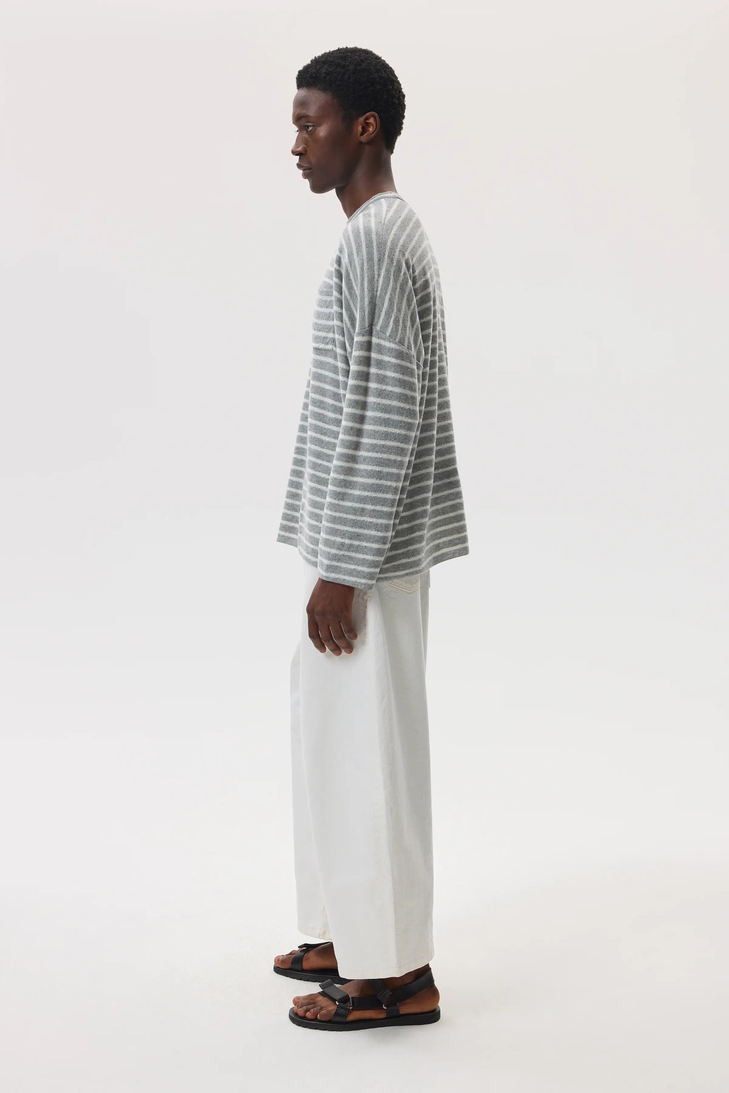 Johnstons of Elgin - Cashmere Jersey Stripe Light Grey Oversized T - Shirt