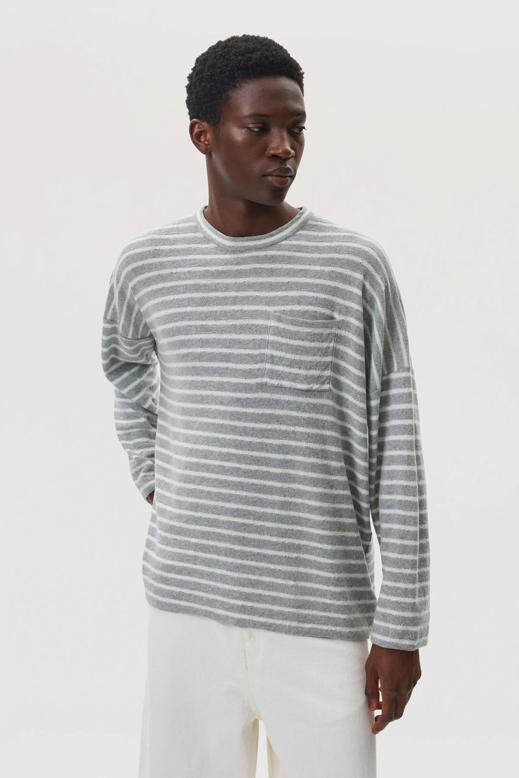 Johnstons of Elgin - Cashmere Jersey Stripe Light Grey Oversized T - Shirt