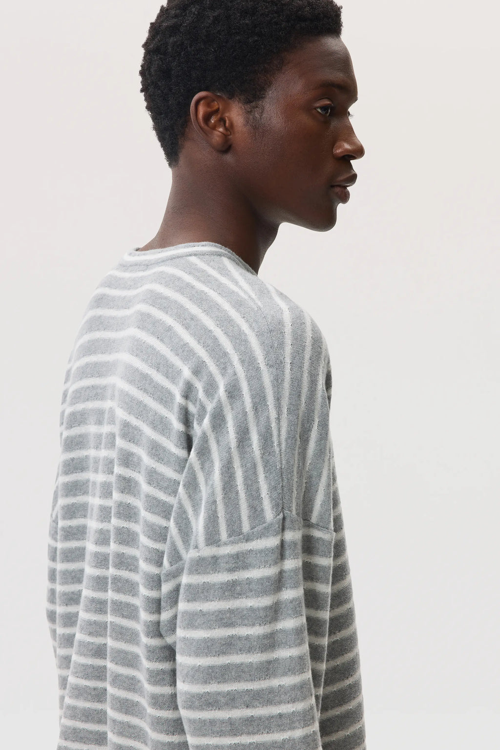 Johnstons of Elgin - Cashmere Jersey Stripe Light Grey Oversized T - Shirt