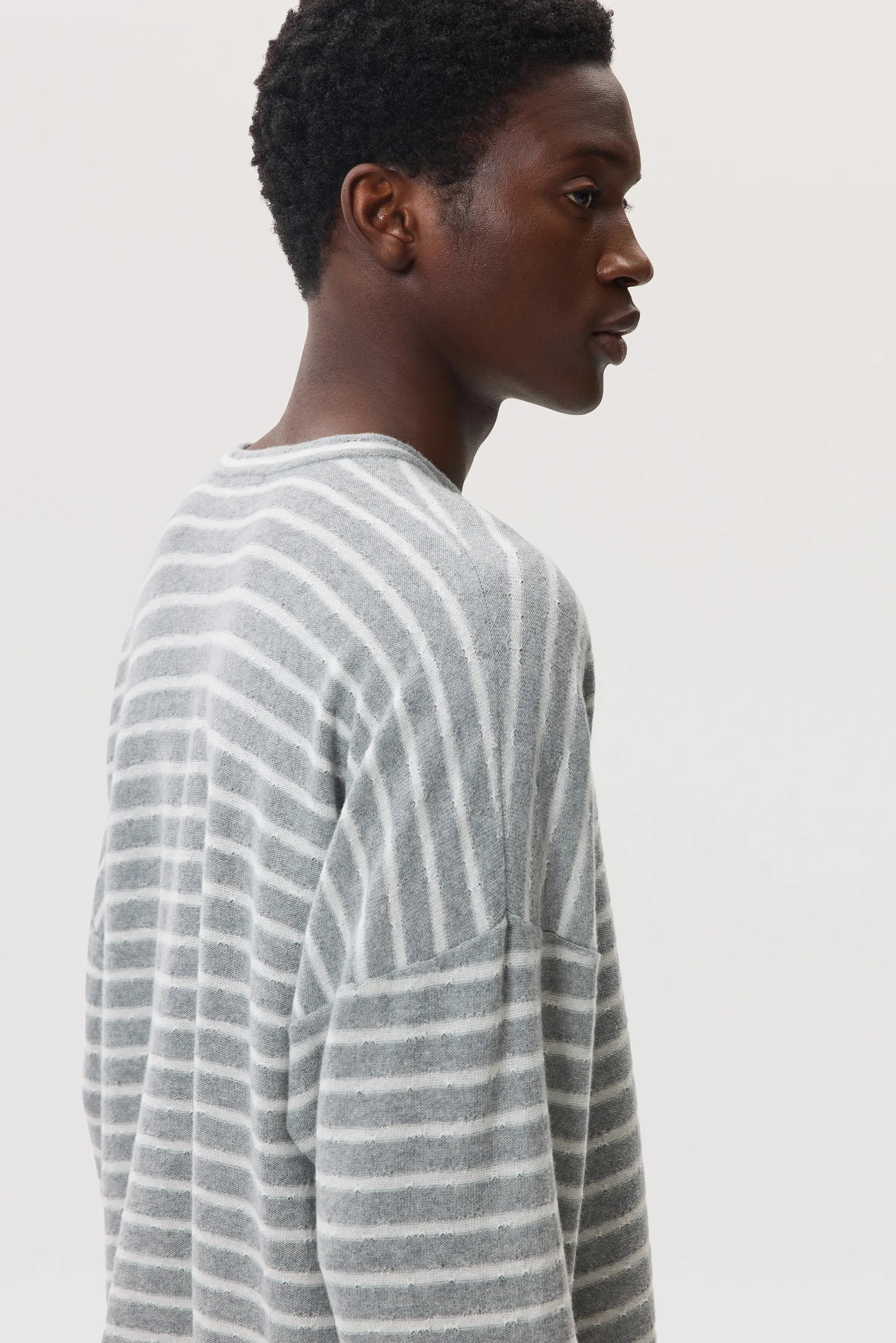 Johnstons of Elgin - Cashmere Jersey Stripe Light Grey Oversized T - Shirt