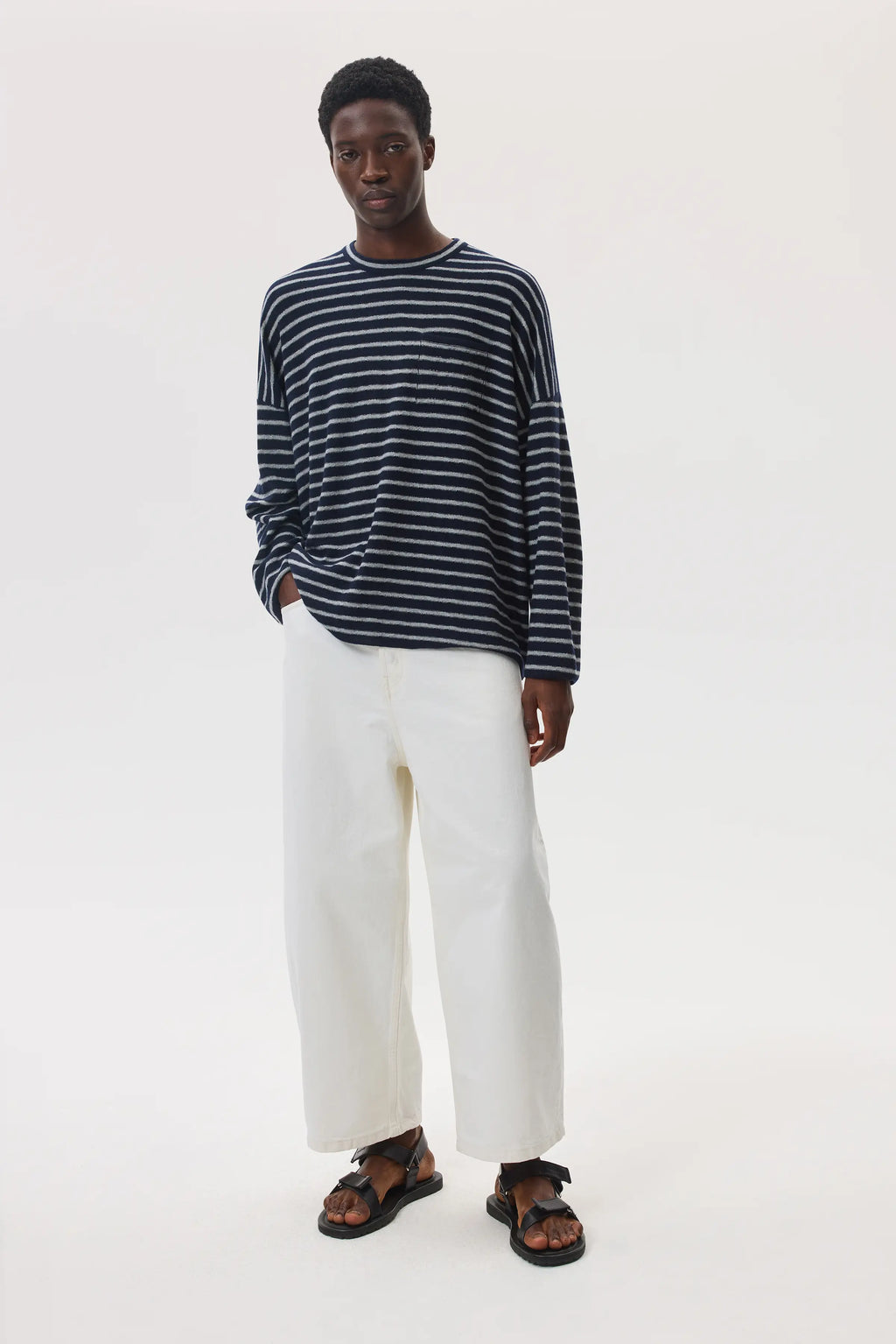 Johnstons of Elgin - Cashmere Jersey Stripe Dark Navy Oversized T - Shirt