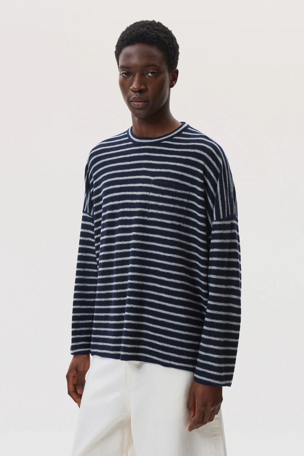 Johnstons of Elgin - Cashmere Jersey Stripe Dark Navy Oversized T - Shirt