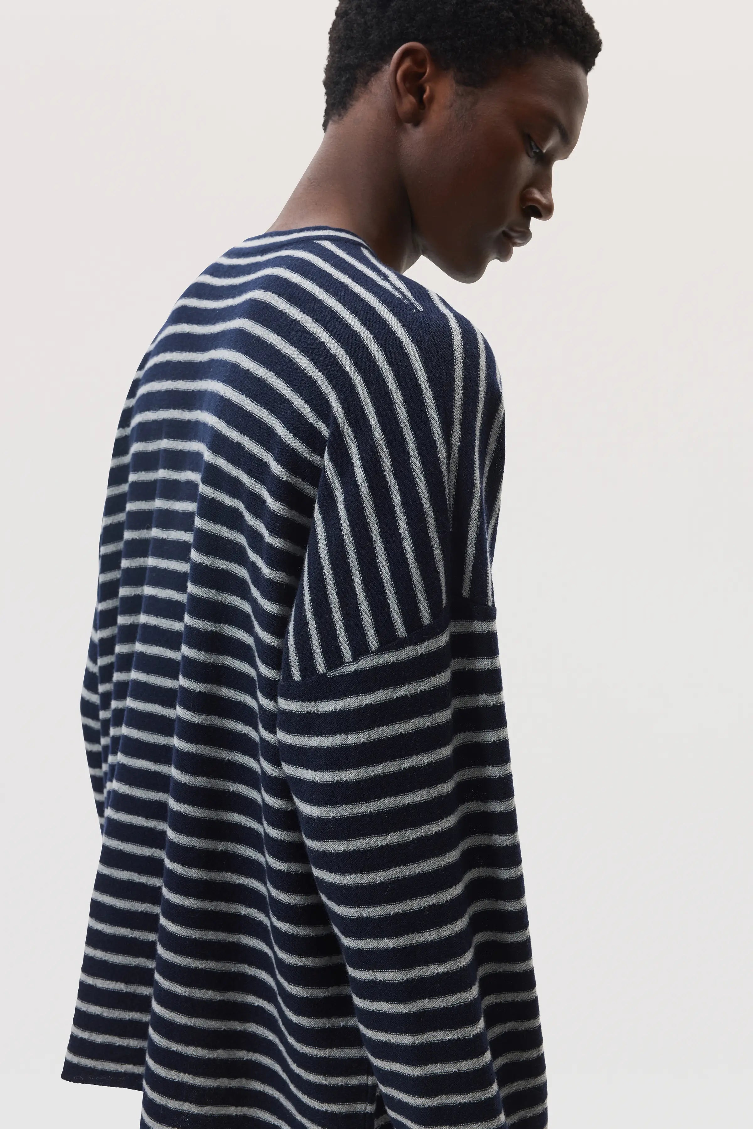 Johnstons of Elgin - Cashmere Jersey Stripe Dark Navy Oversized T - Shirt