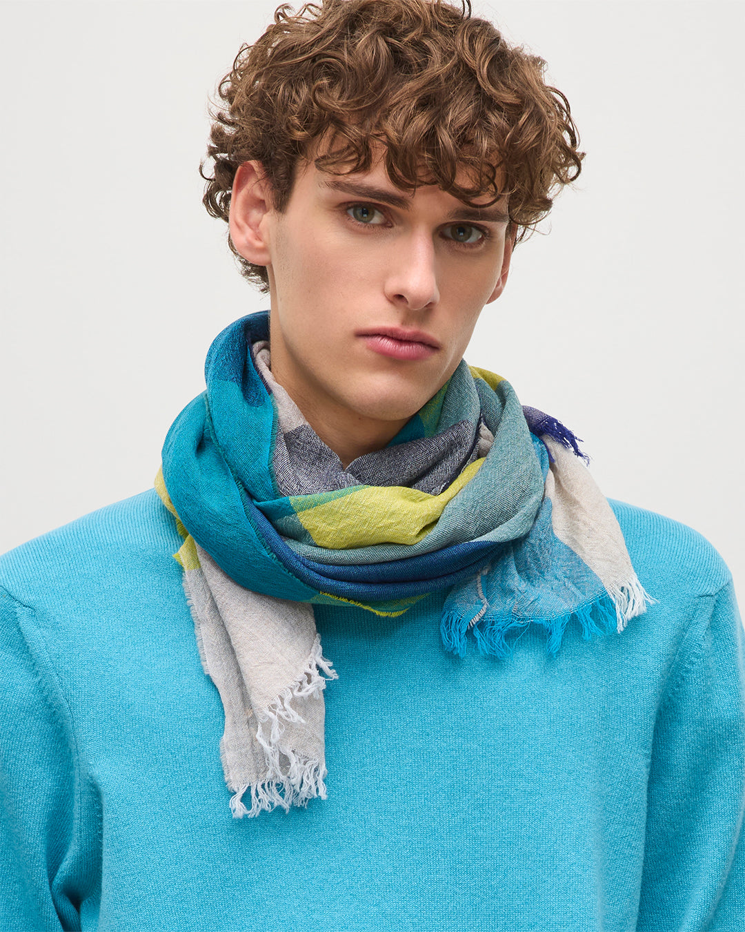 Johnstons of Elgin - Ethie Navy & Lime Green Wool Scarf