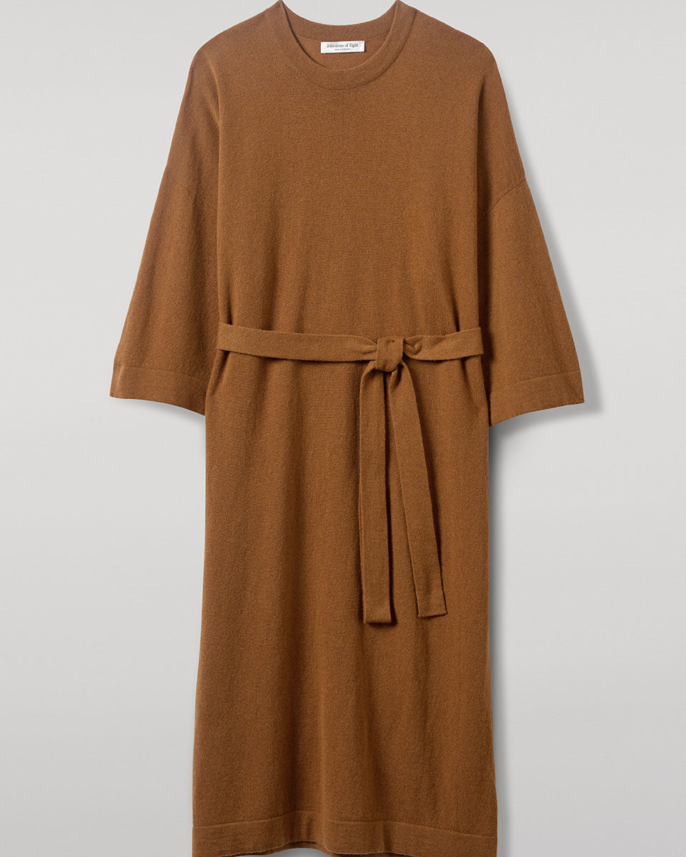 Johnstons of Elgin - Tie - Waist Cashmere Dark Camel Jumper Dress