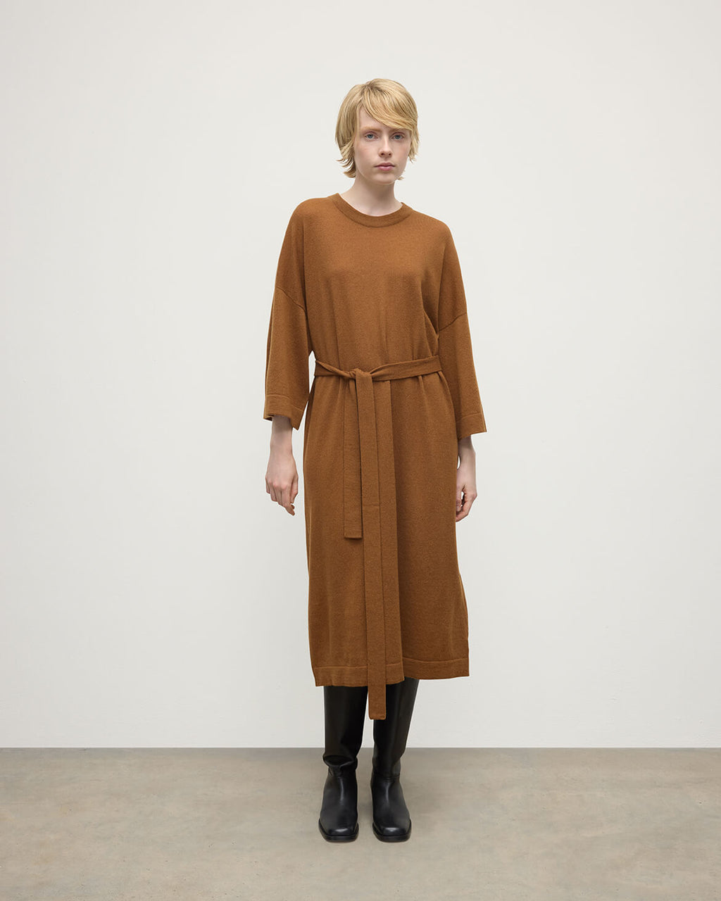 Johnstons of Elgin - Tie - Waist Cashmere Dark Camel Jumper Dress