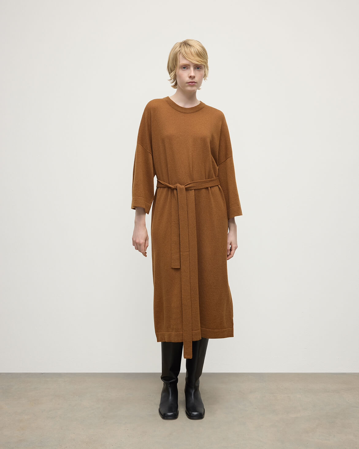 Johnstons of Elgin - Tie - Waist Cashmere Dark Camel Jumper Dress