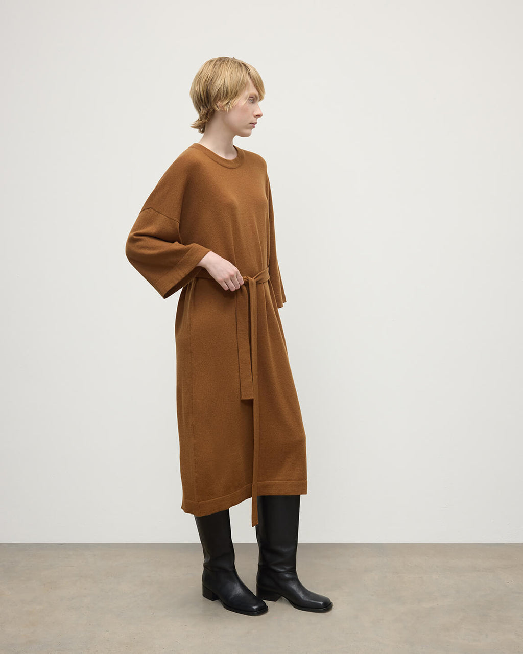 Johnstons of Elgin - Tie - Waist Cashmere Dark Camel Jumper Dress