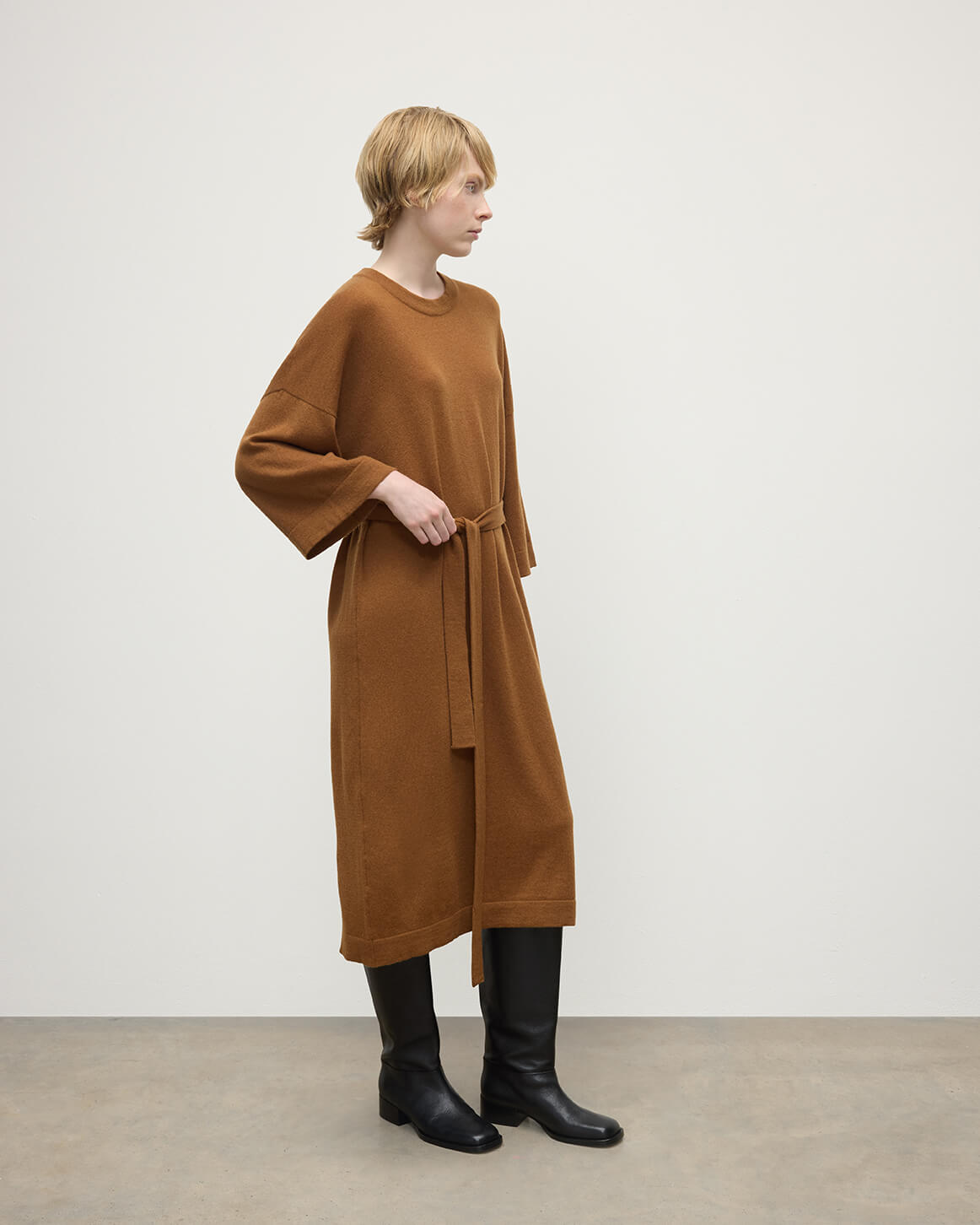 Johnstons of Elgin - Tie - Waist Cashmere Dark Camel Jumper Dress