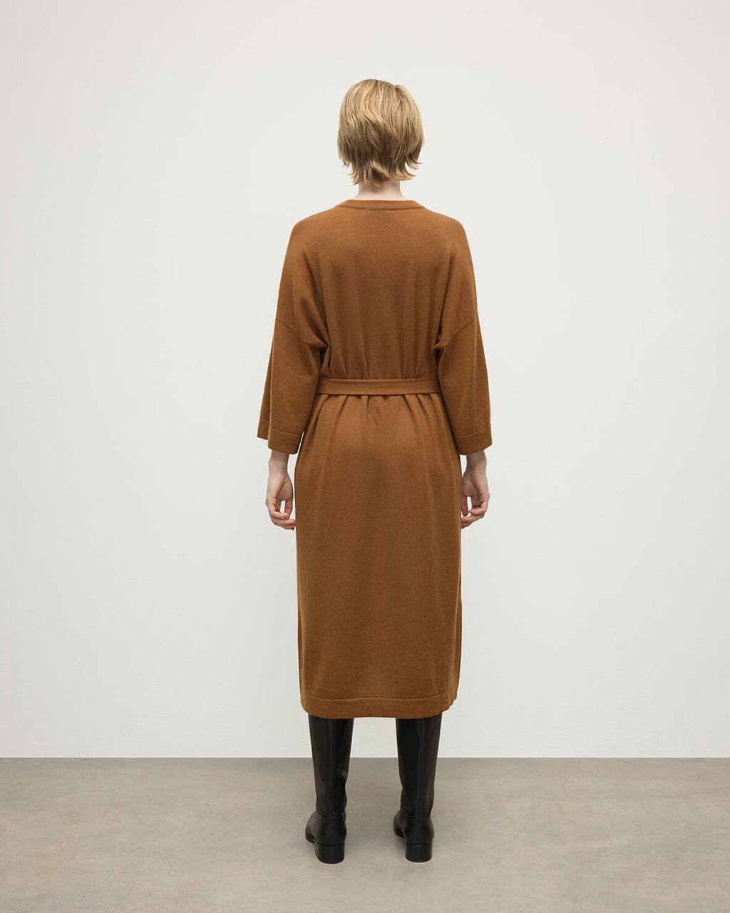 Johnstons of Elgin - Tie - Waist Cashmere Dark Camel Jumper Dress