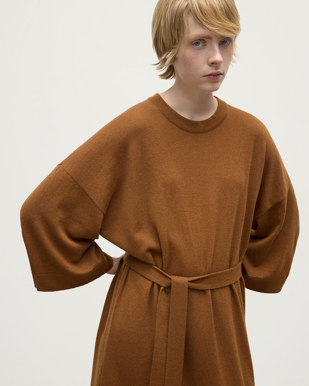 Johnstons of Elgin - Tie - Waist Cashmere Dark Camel Jumper Dress