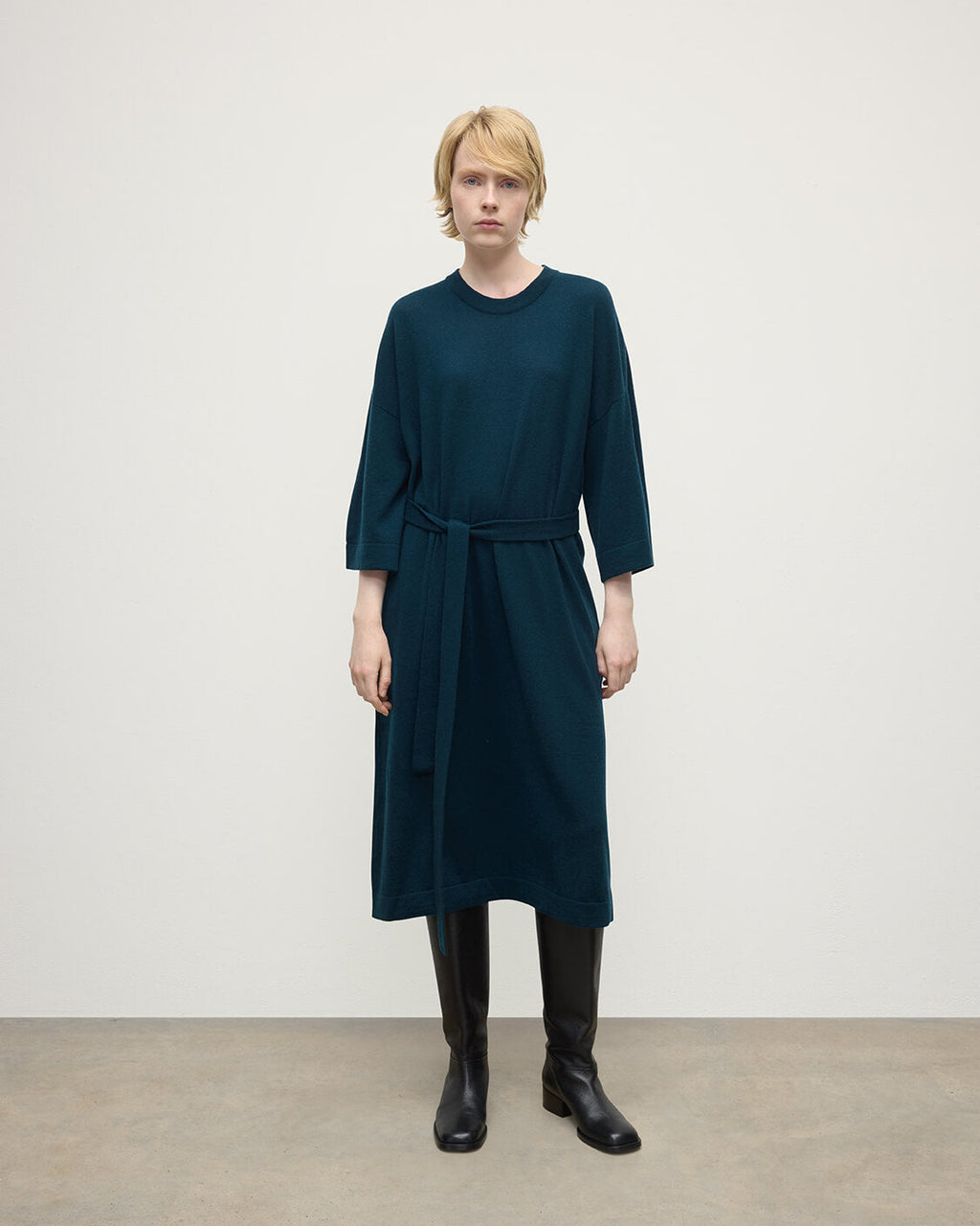 Johnstons of Elgin - Tie - Waist Cashmere Dark Green Jumper Dress