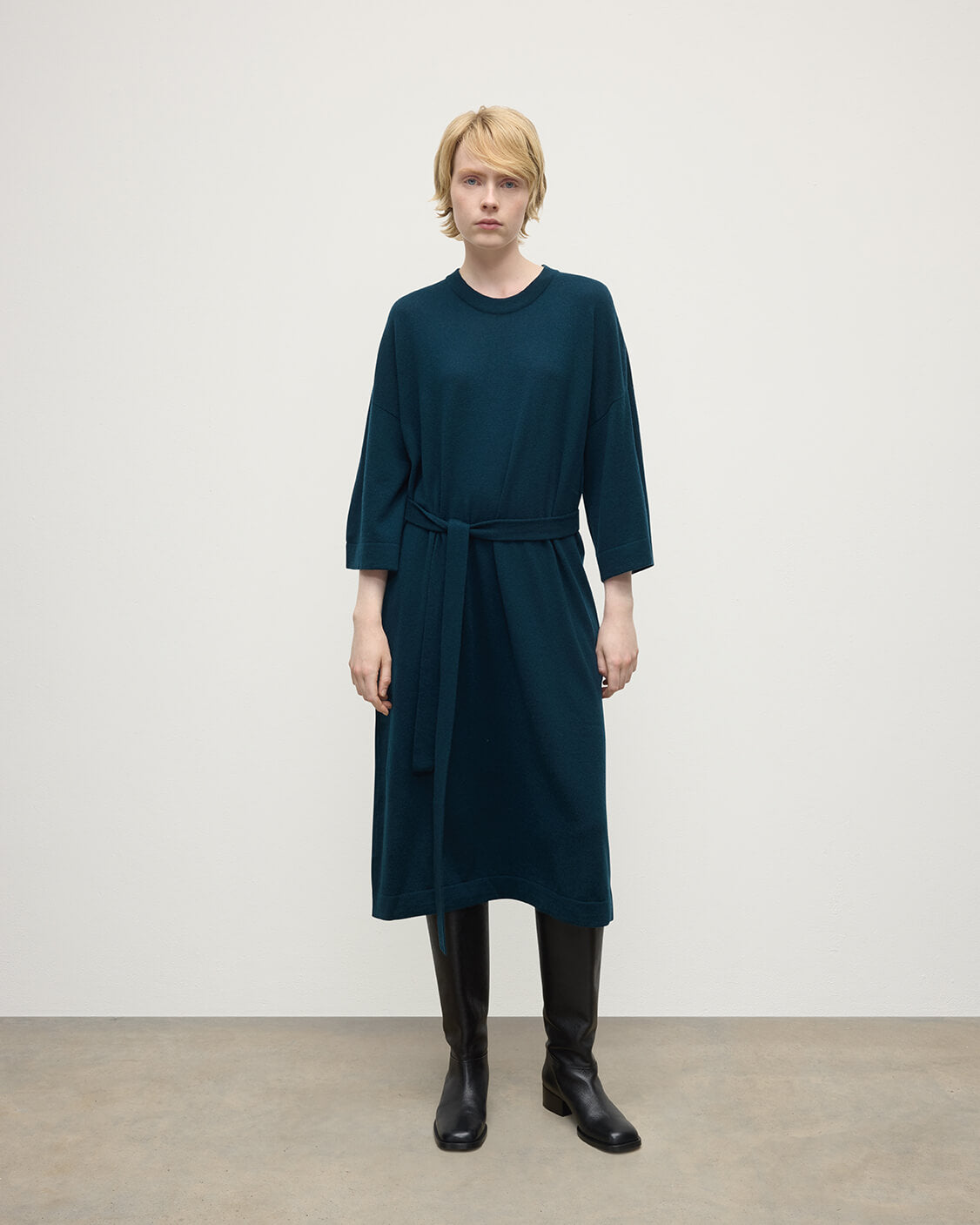 Johnstons of Elgin - Tie - Waist Cashmere Dark Green Jumper Dress