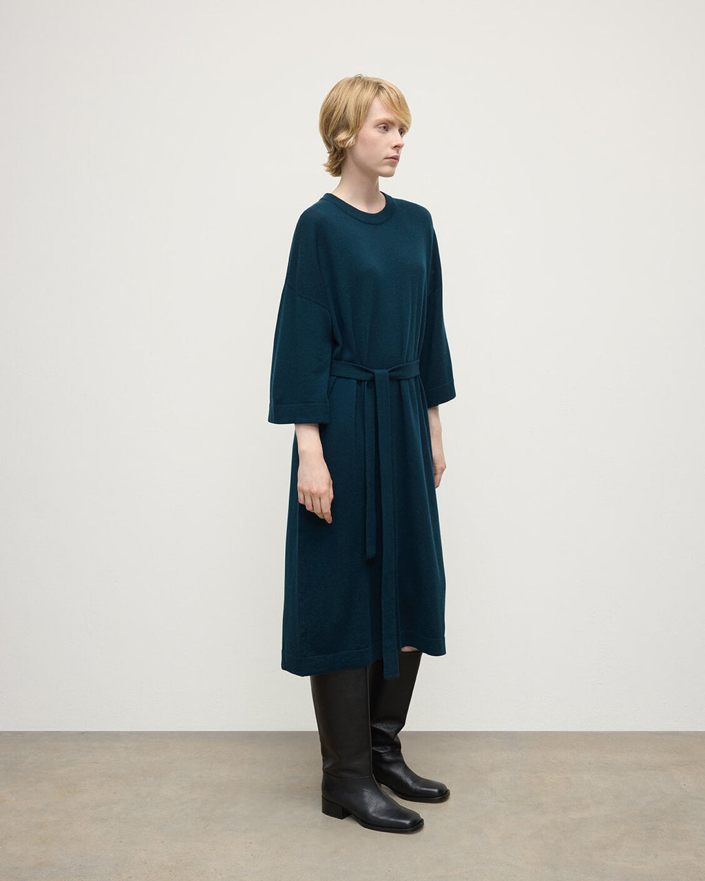 Johnstons of Elgin - Tie - Waist Cashmere Dark Green Jumper Dress