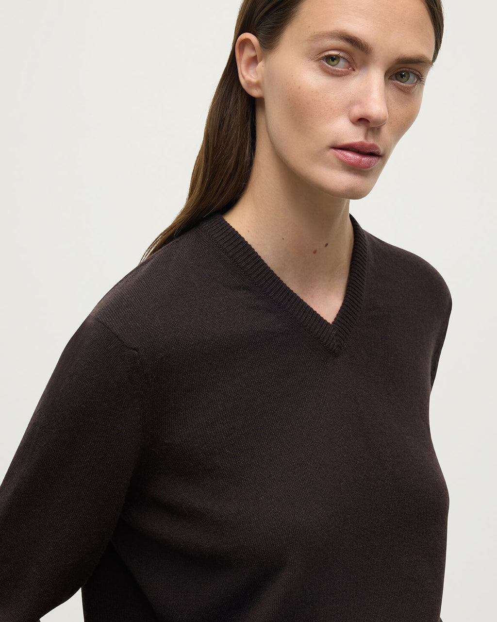 Johnstons of Elgin - Classic Cashmere Dark Brown V Neck Jumper
