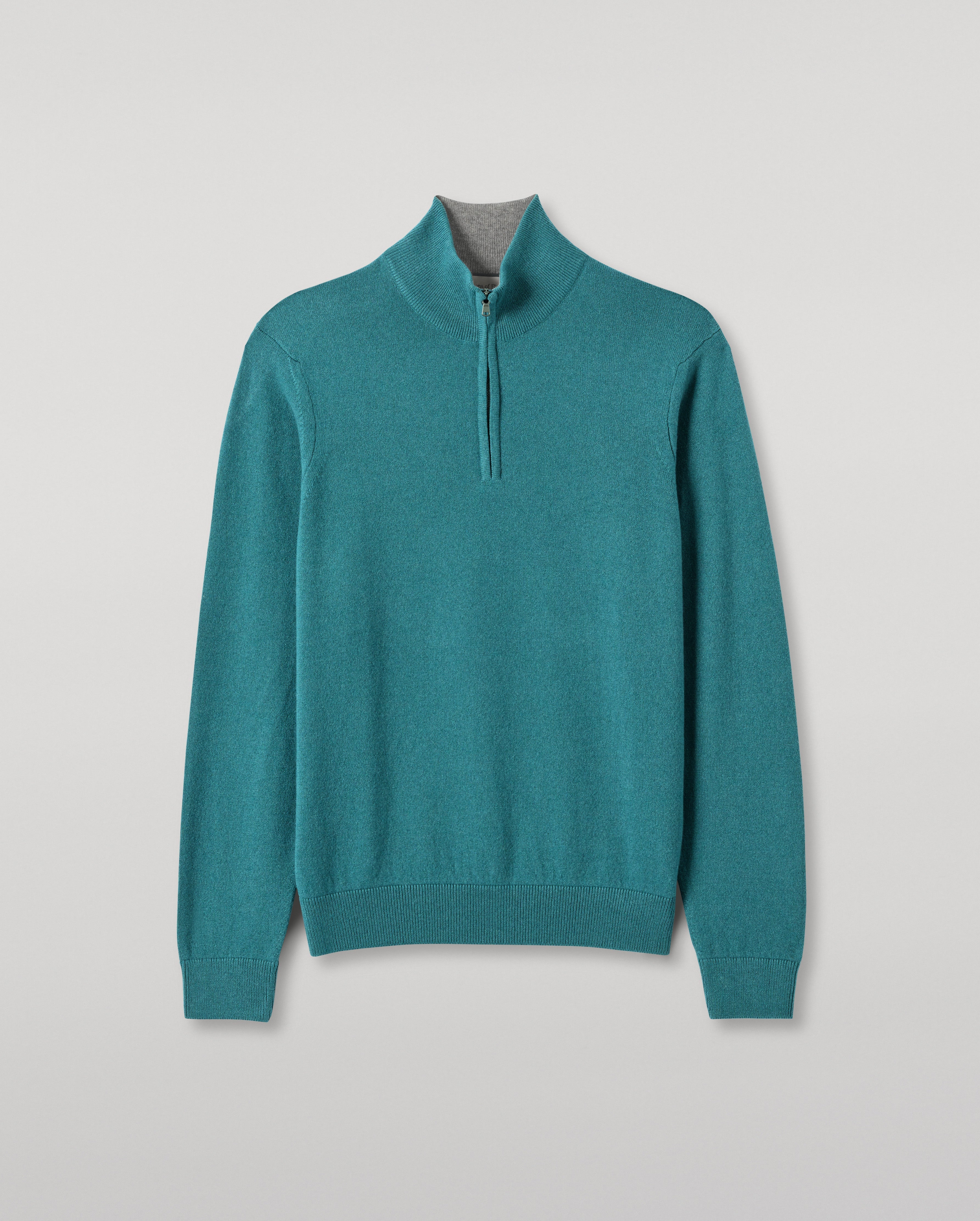 Johnstons of Elgin - Rory Green & Grey Classic Cashmere Contrast Zip Neck Jumper