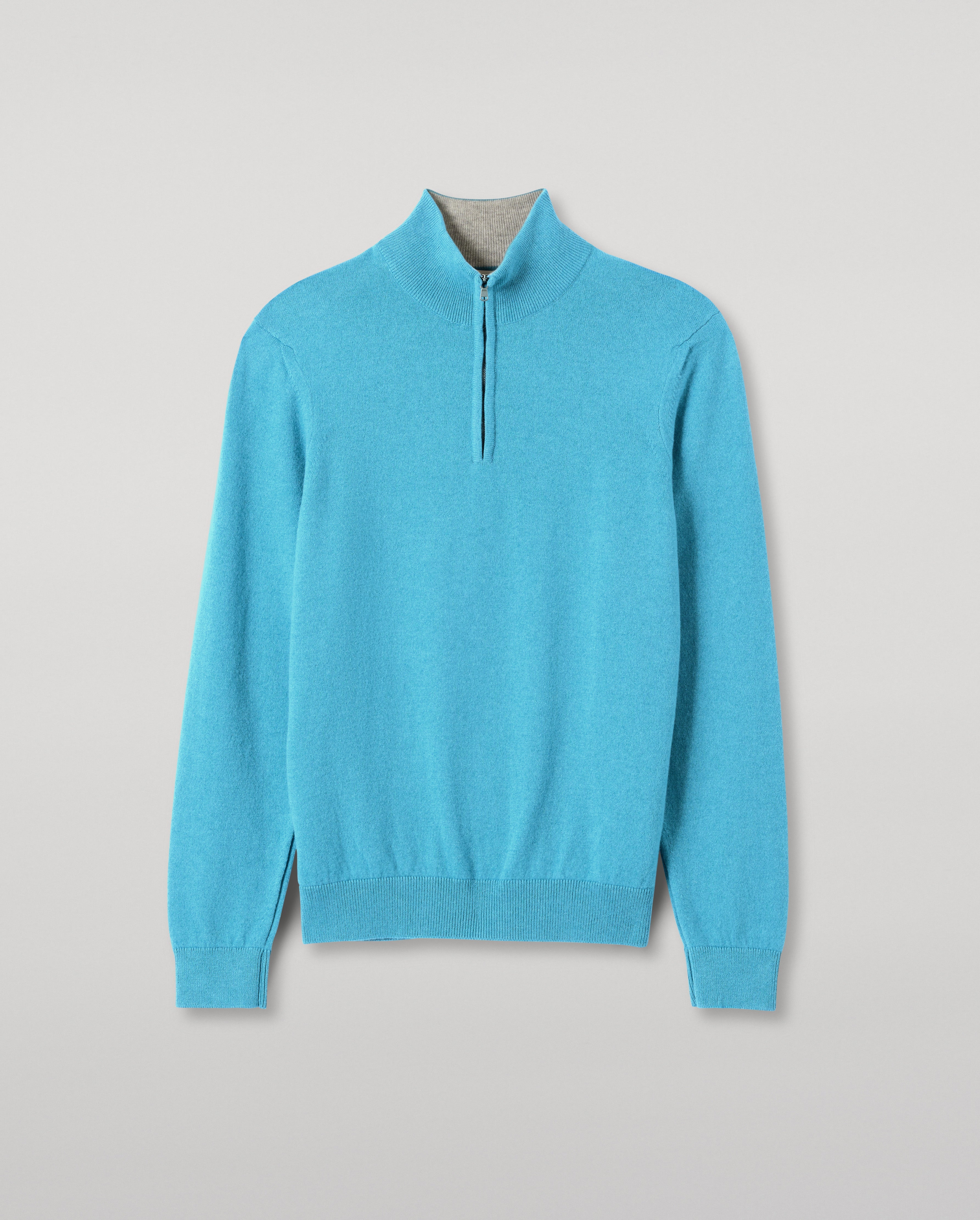 Johnstons of Elgin - Rory Blue & Grey Classic Cashmere Contrast Zip Neck Jumper