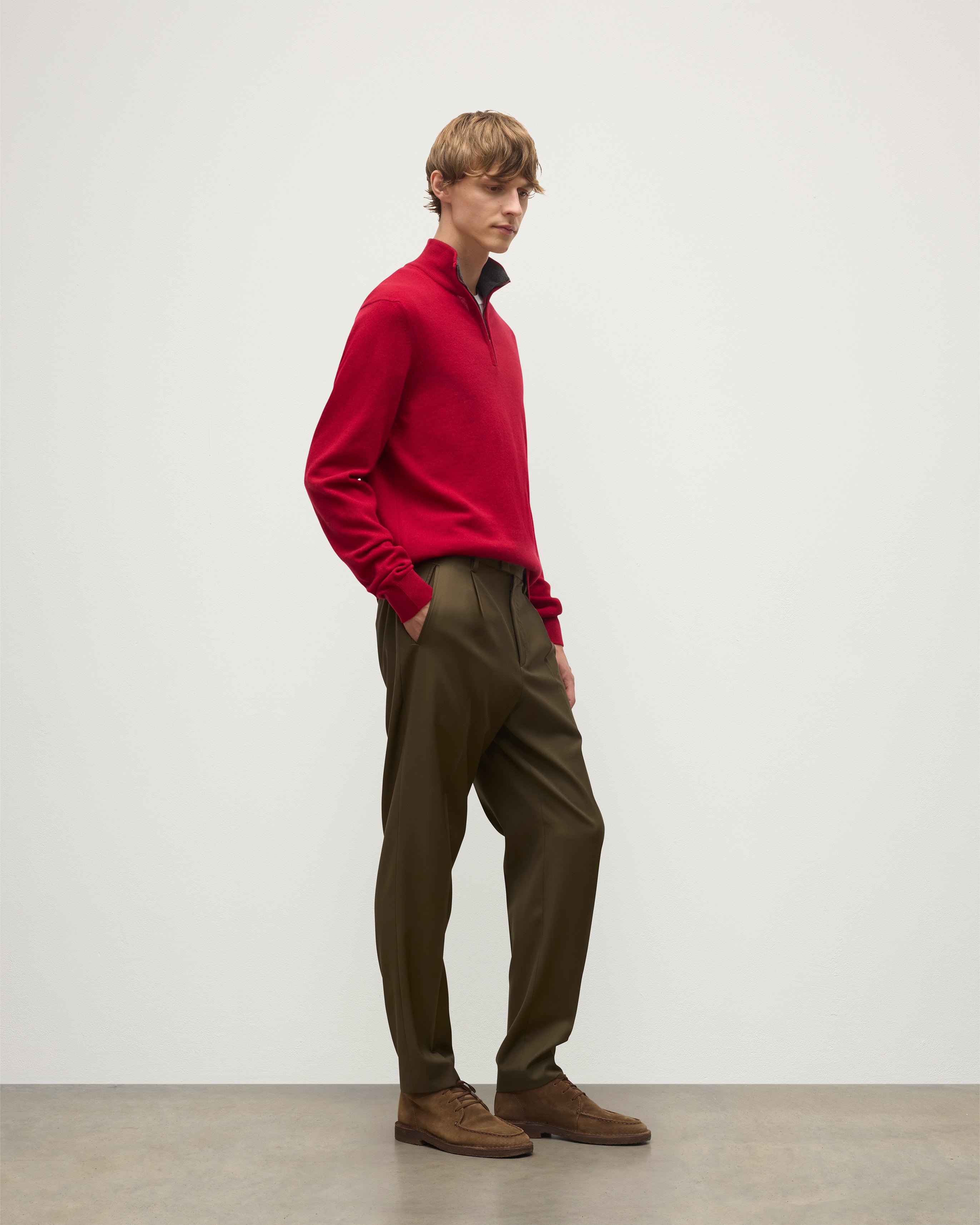 Johnstons of Elgin - Rory Red & Grey Classic Cashmere Contrast Zip Neck Jumper