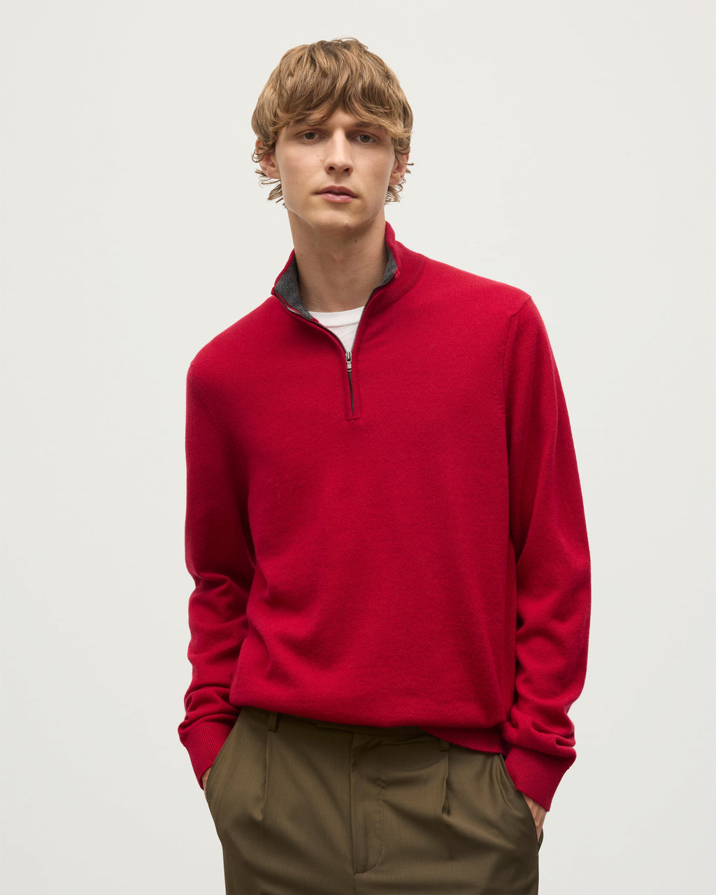 Johnstons of Elgin - Rory Red & Grey Classic Cashmere Contrast Zip Neck Jumper