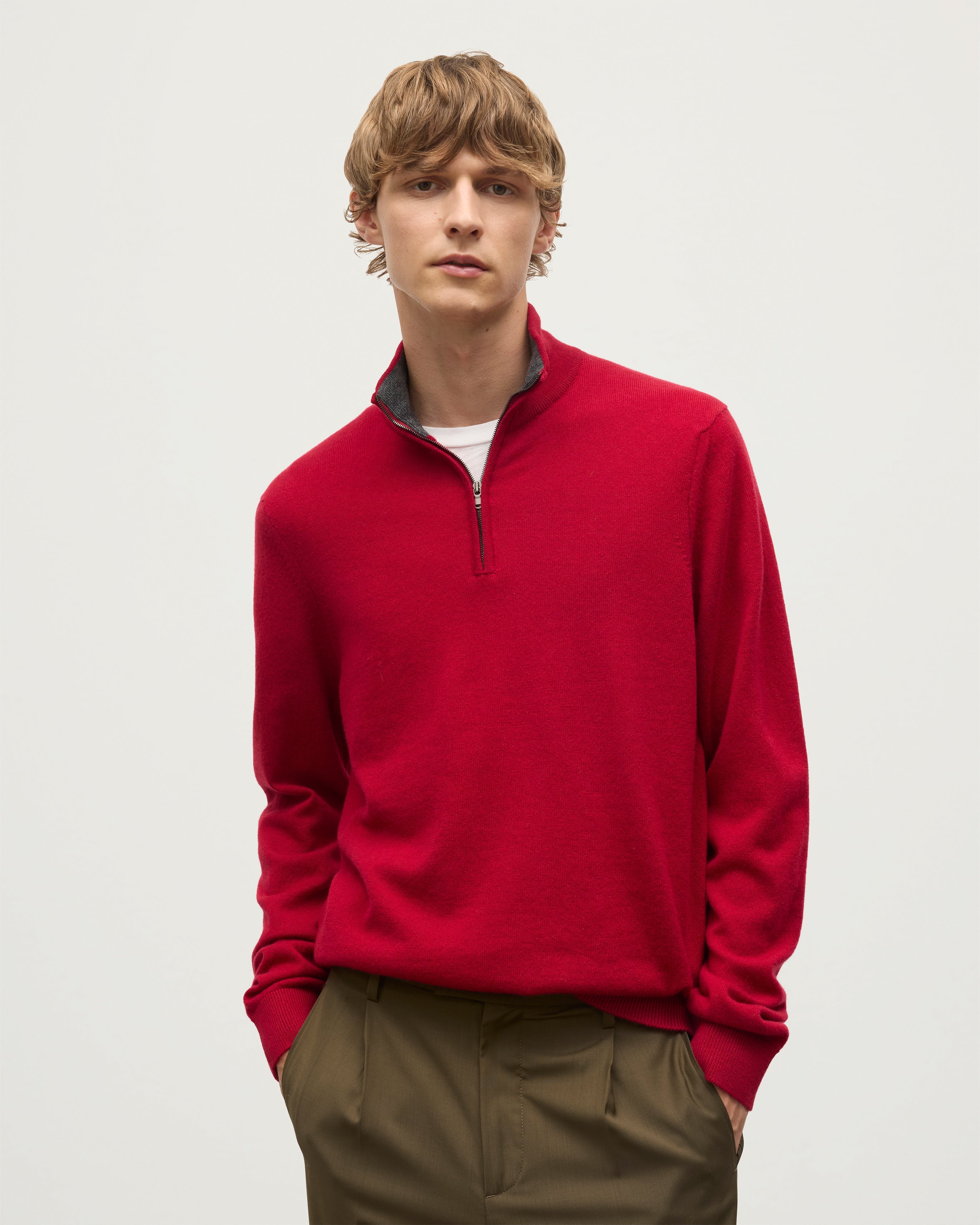 Johnstons of Elgin - Rory Red & Grey Classic Cashmere Contrast Zip Neck Jumper