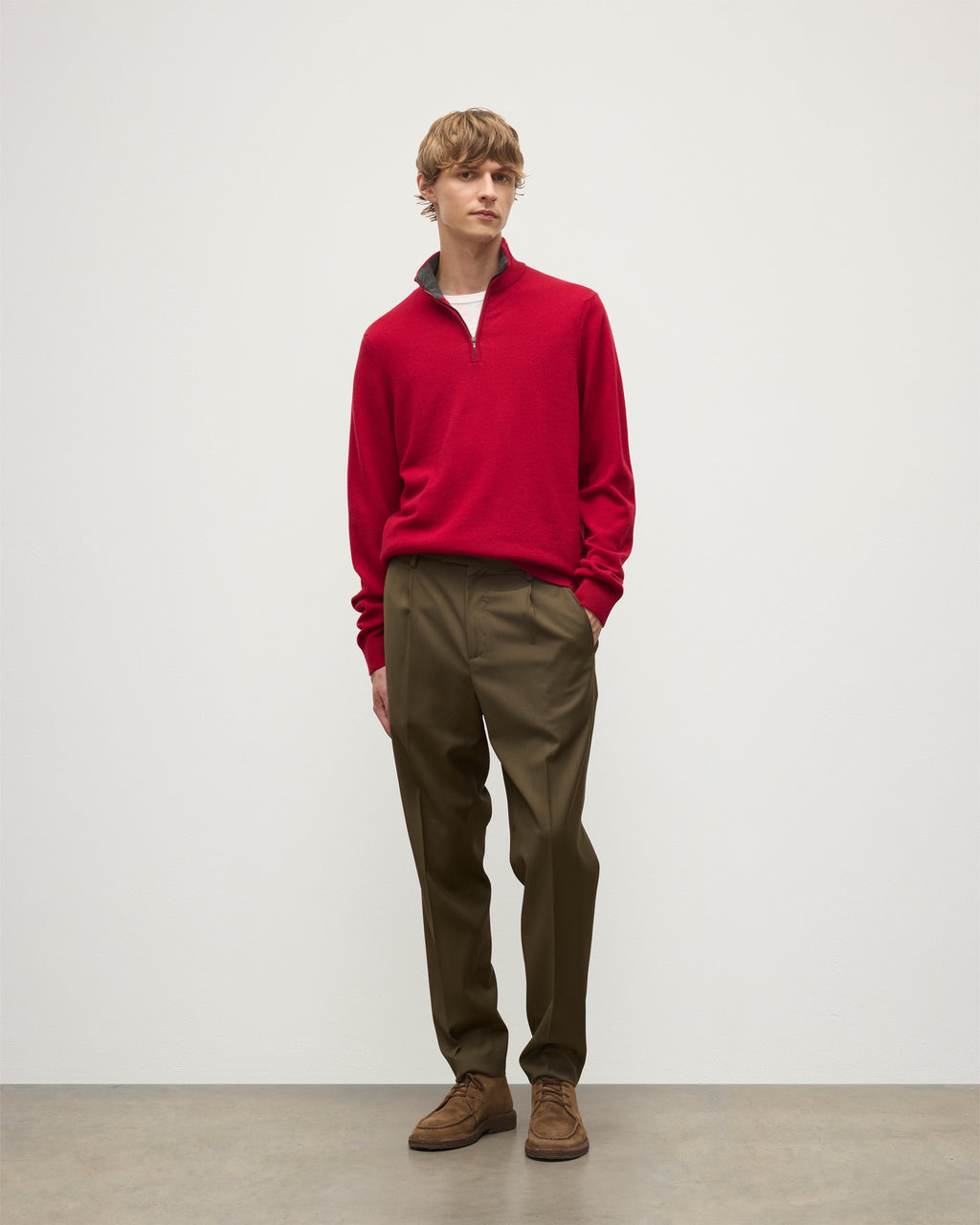 Johnstons of Elgin - Rory Red & Grey Classic Cashmere Contrast Zip Neck Jumper