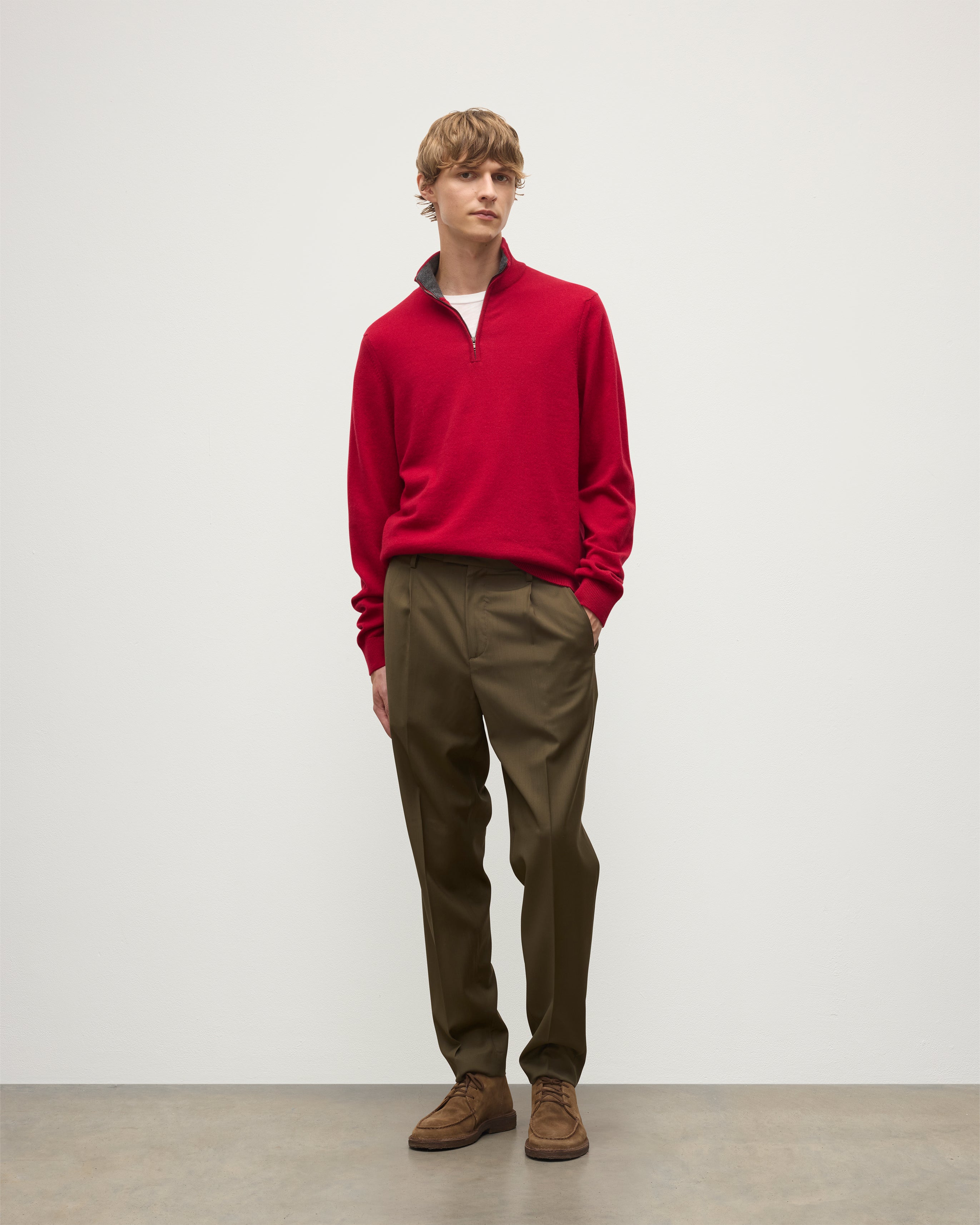 Johnstons of Elgin - Rory Red & Grey Classic Cashmere Contrast Zip Neck Jumper