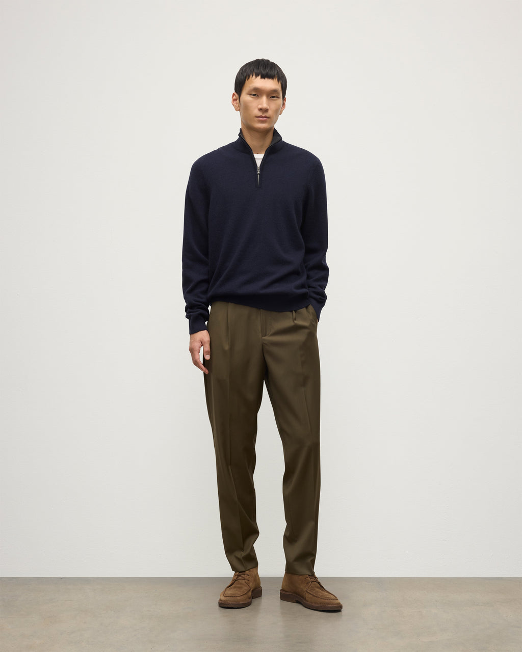 Johnstons of Elgin - Rory Navy & Grey Classic Cashmere Contrast Zip Neck Jumper