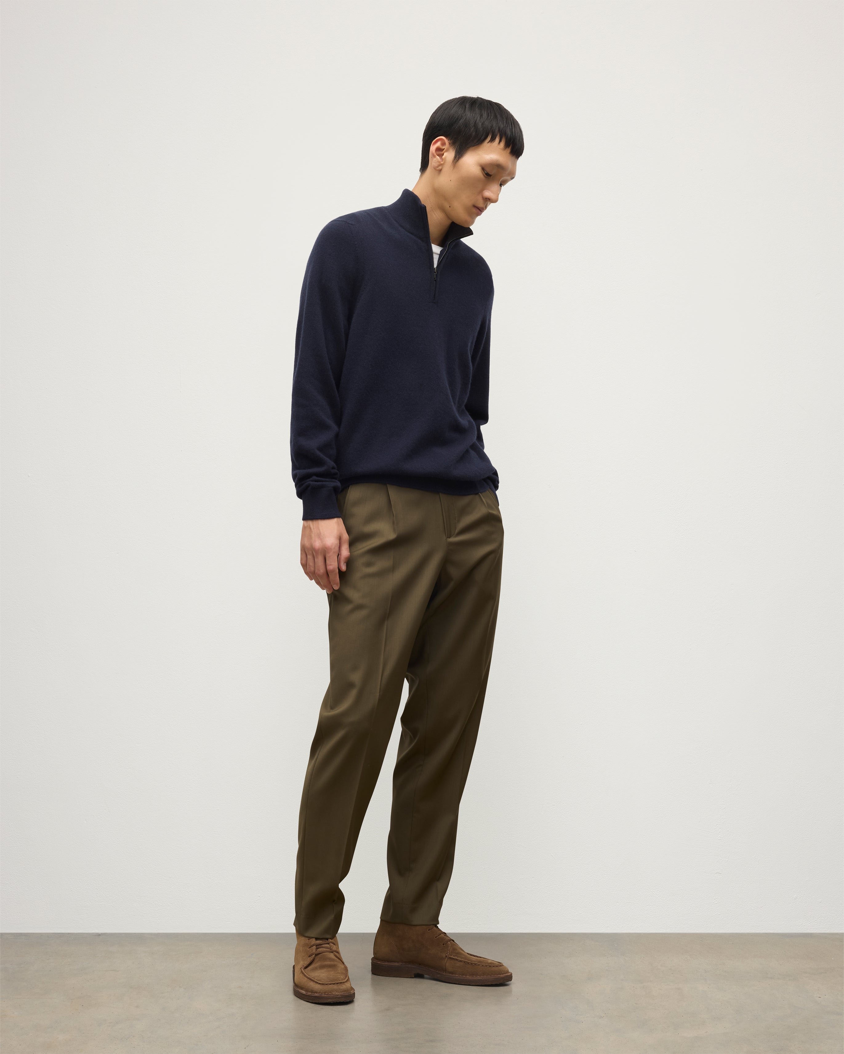 Johnstons of Elgin - Rory Navy & Grey Classic Cashmere Contrast Zip Neck Jumper