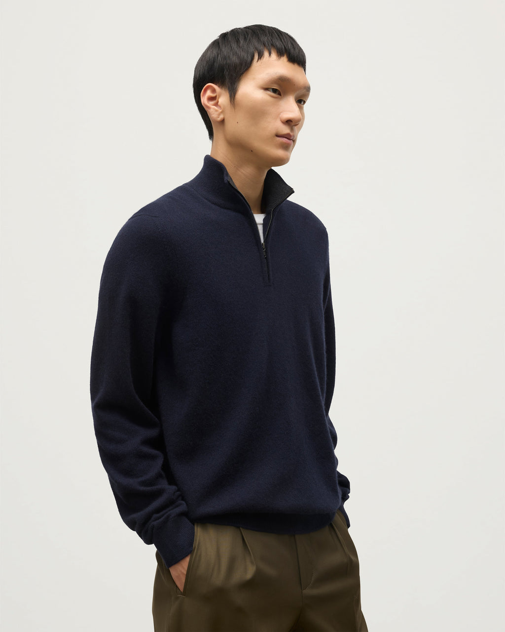 Johnstons of Elgin - Rory Navy & Grey Classic Cashmere Contrast Zip Neck Jumper